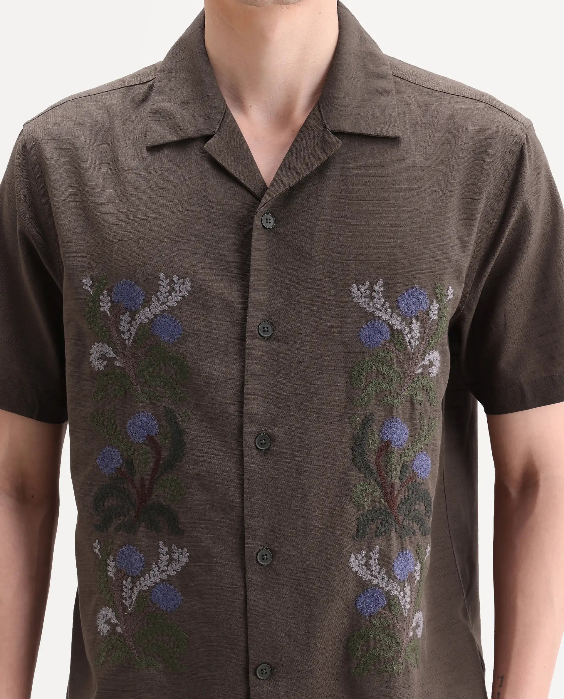 Rare Rabbit Men's Drof Dusky Olive Cotton Blend Fabric Half Sleeve Cuban Collar Regular Fit Embroidered Shirt
