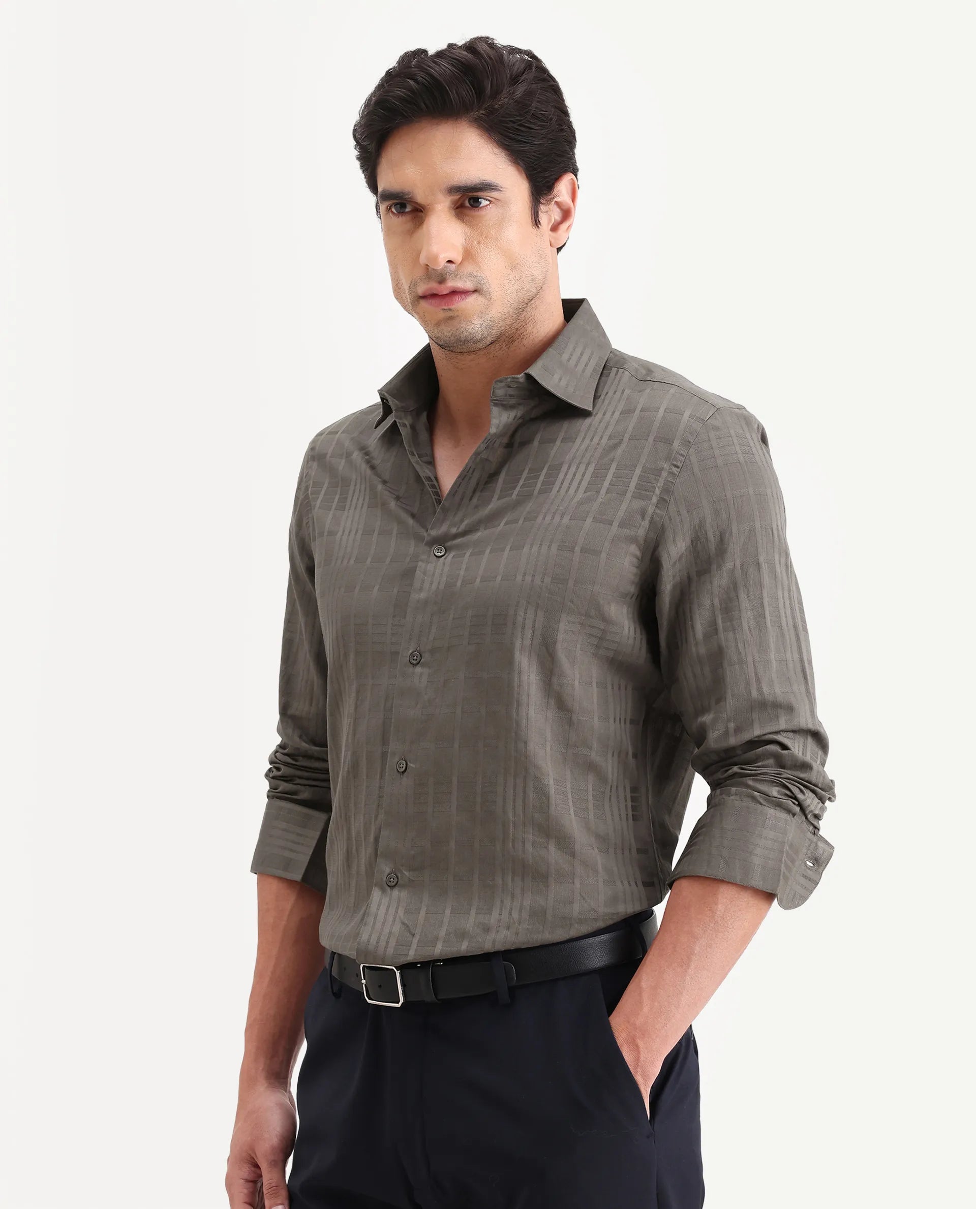 Rare Rabbit Men's Ford Light Brown Cotton Fabric Full Sleeve Spread Collar Regular Fit Checked Shirt