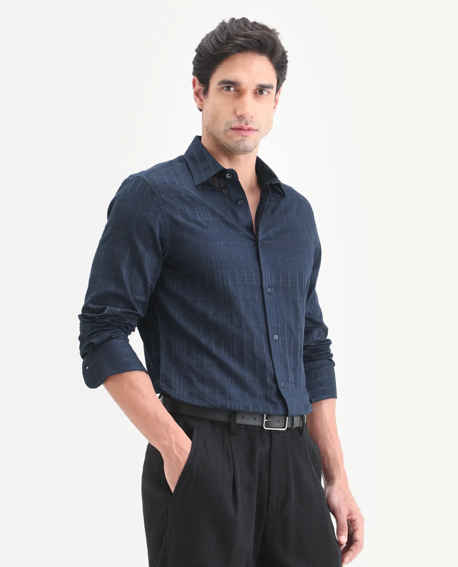 Rare Rabbit Men's Ford Navy Cotton Fabric Full Sleeve Spread Collar Regular Fit Checked Shirt