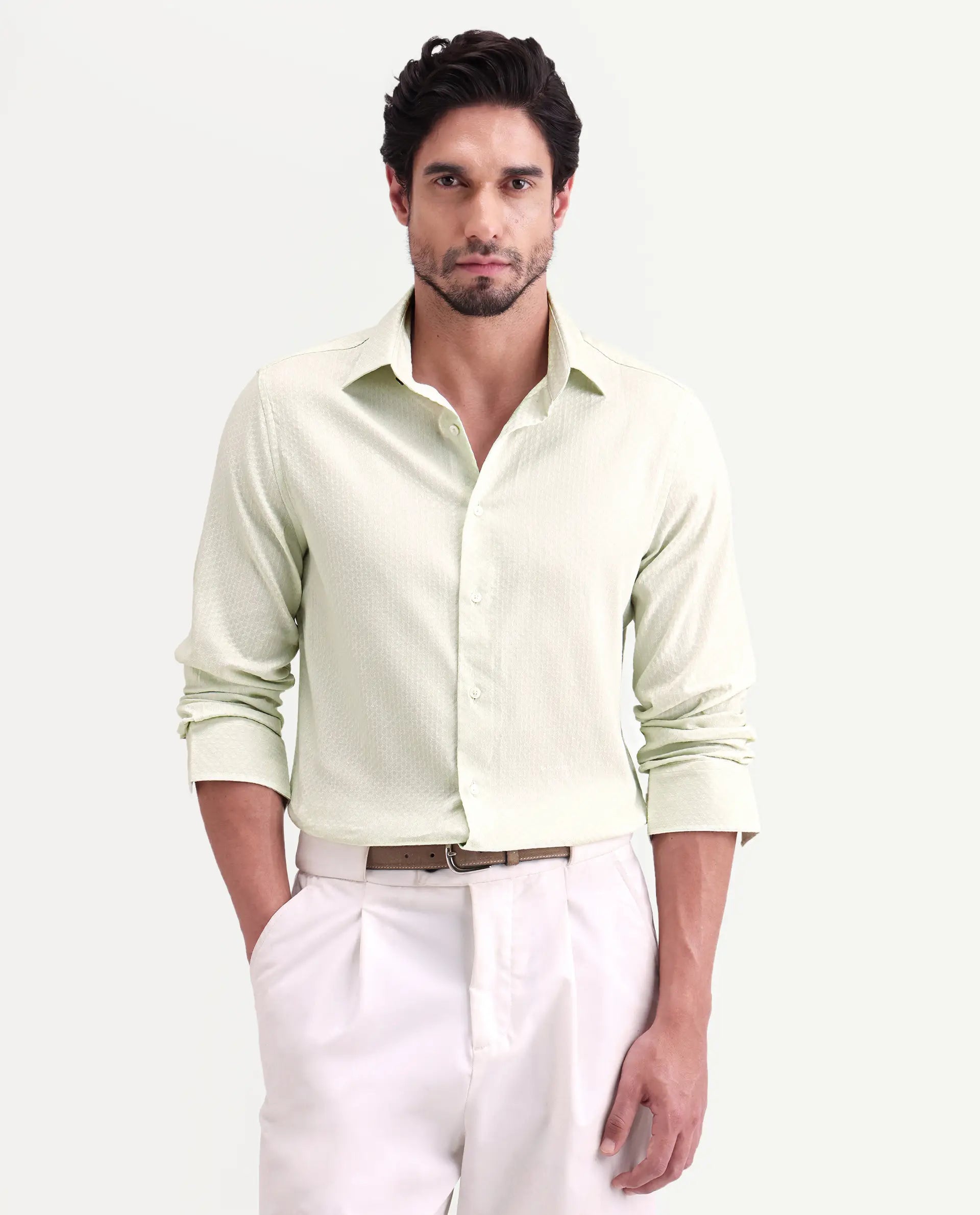 Rare Rabbit Men's Gleny-26 Pastel Green Cotton Blend Fabric Full Sleeve Collared Regular Fit Textured Shirt