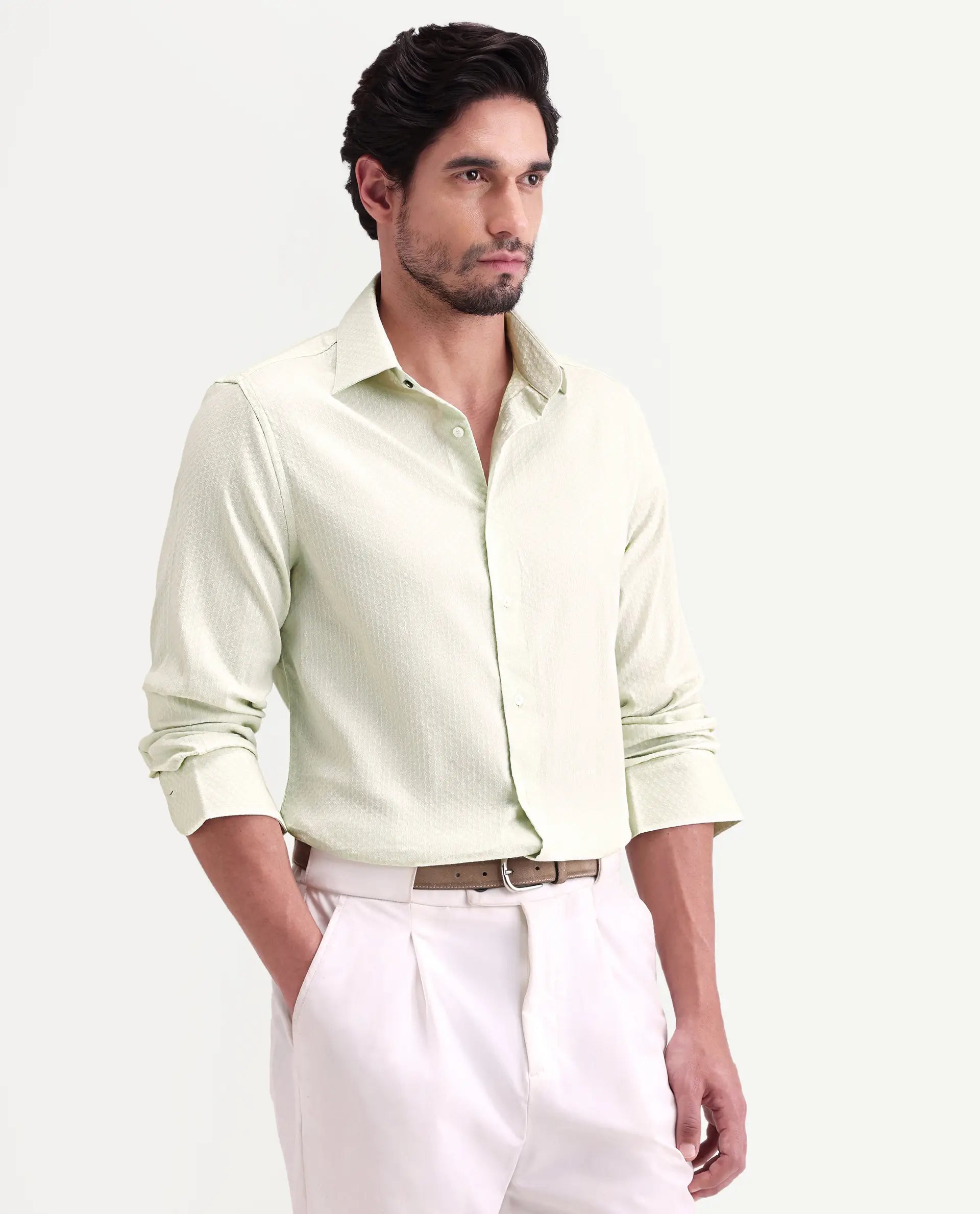 Rare Rabbit Men's Gleny-26 Pastel Green Cotton Blend Fabric Full Sleeve Collared Regular Fit Textured Shirt