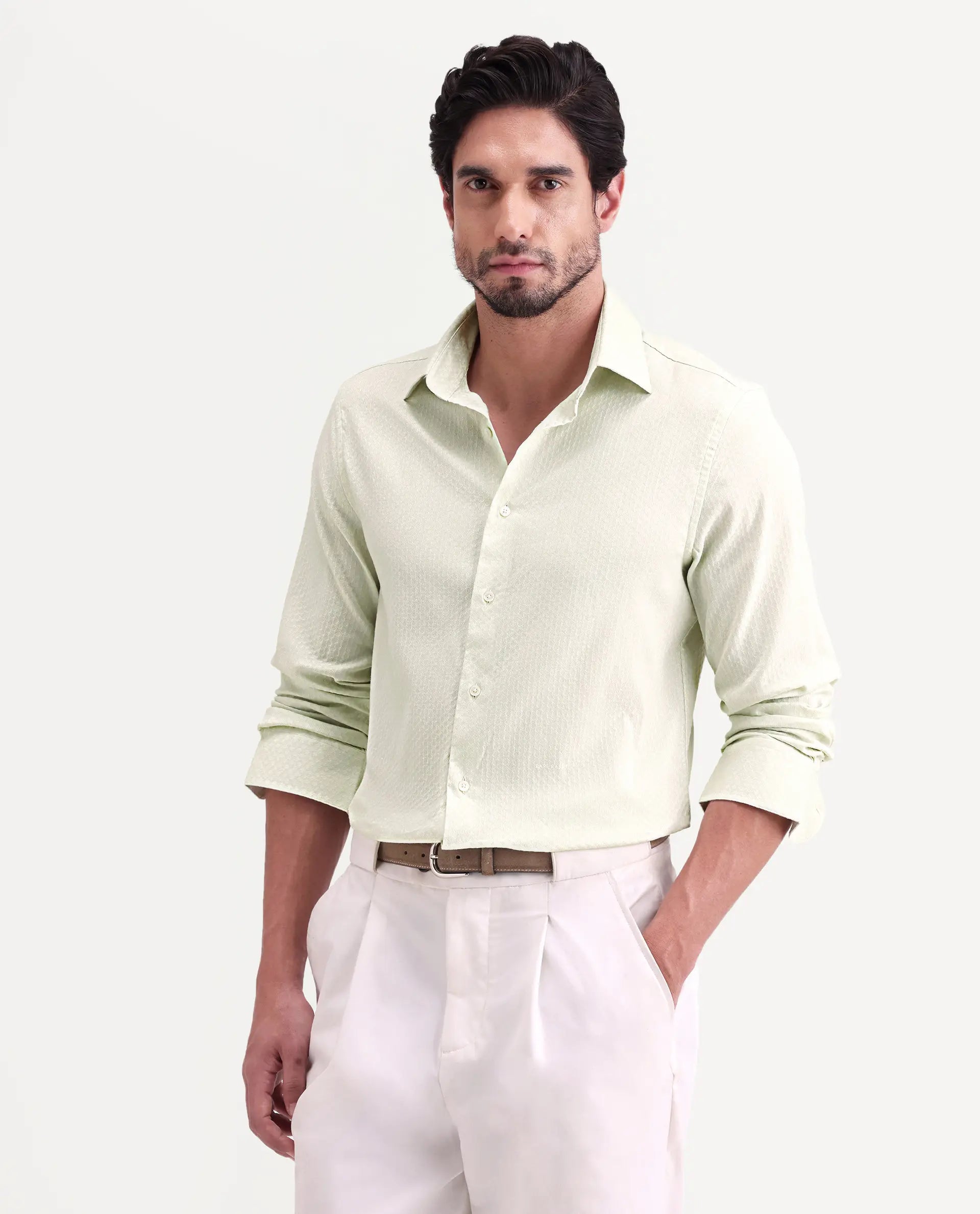 Rare Rabbit Men's Gleny-26 Pastel Green Cotton Blend Fabric Full Sleeve Collared Regular Fit Textured Shirt