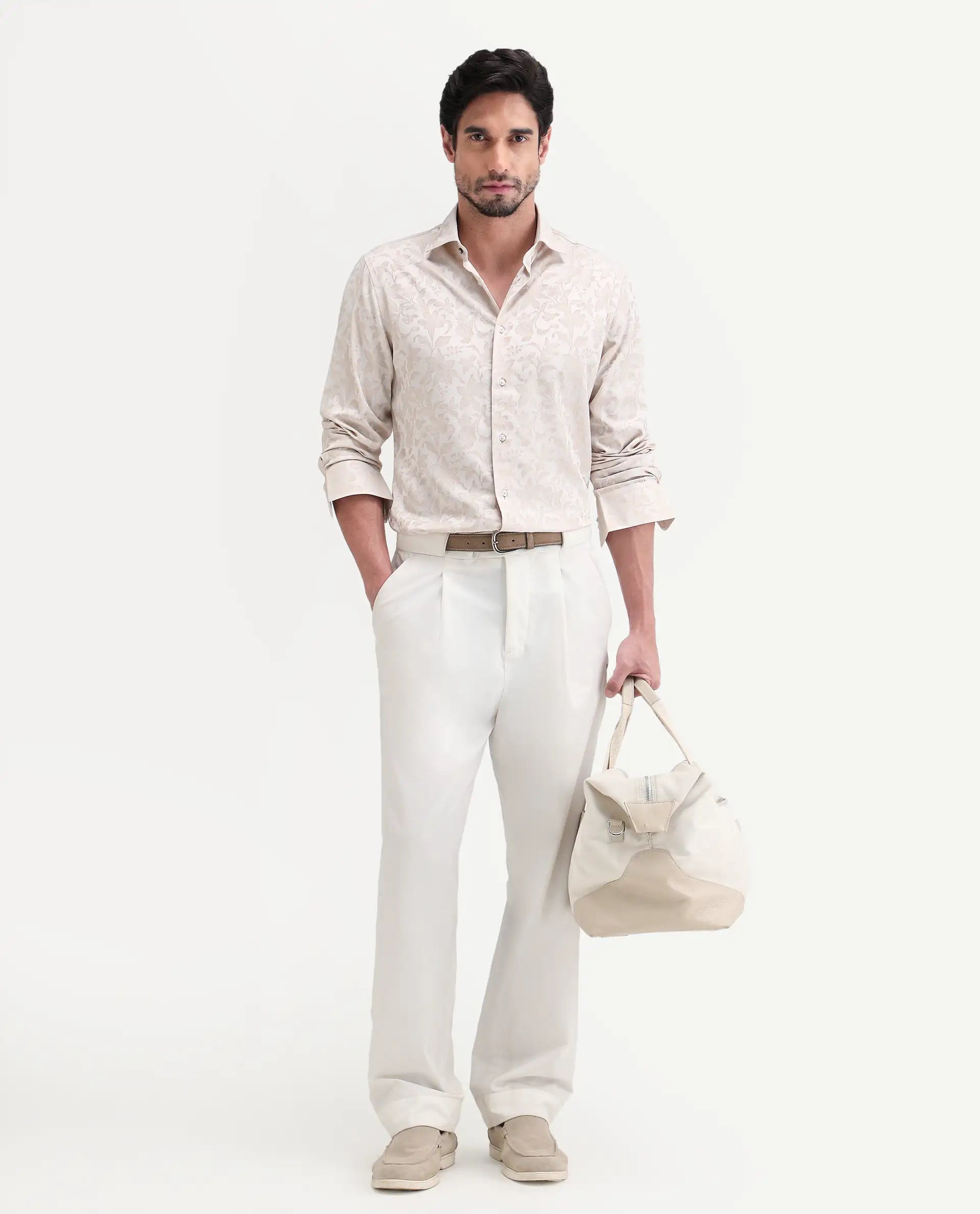 Rare Rabbit Men's Ringer Ls 26 Light Beige Polyester Blend Fabric Full Sleeve Spread Collar Regular Fit Jacquard Shirt