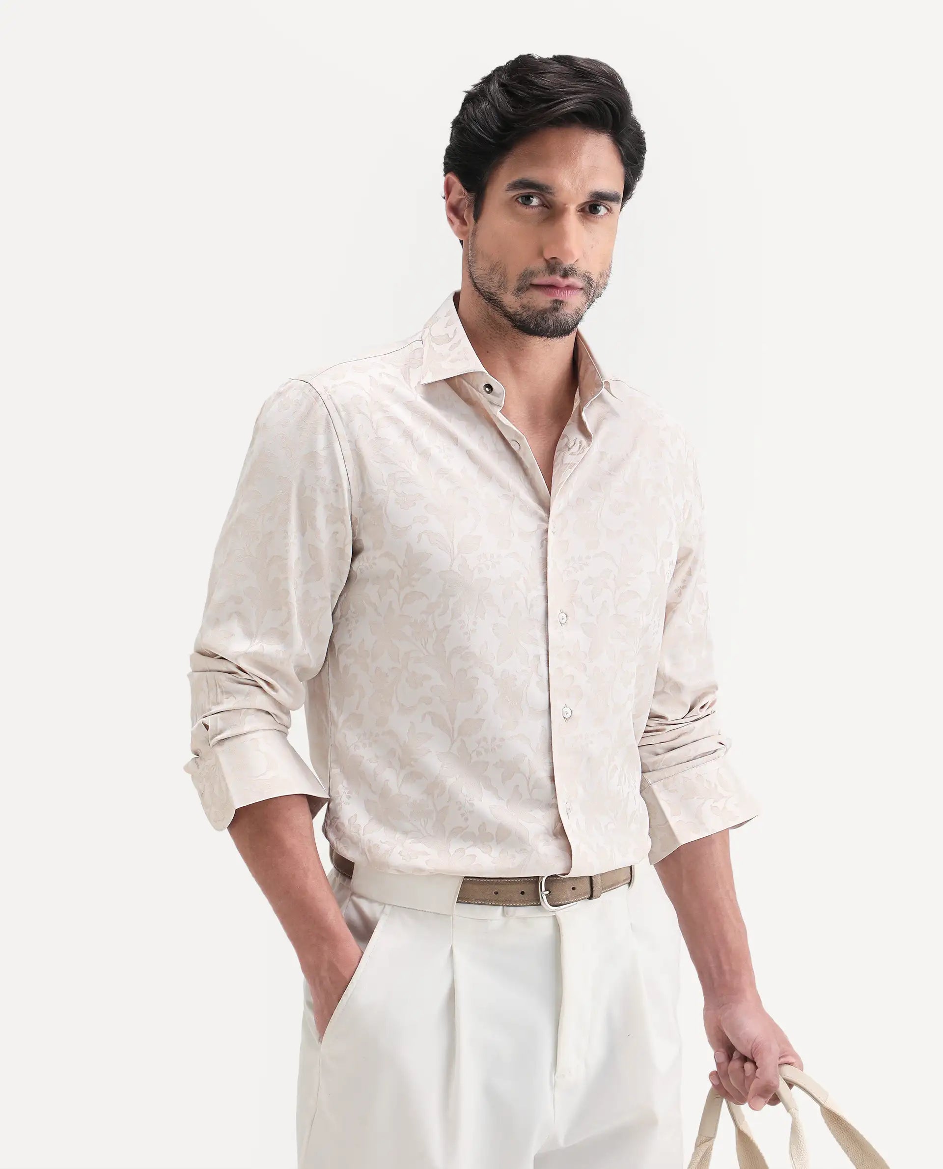 Rare Rabbit Men's Ringer Ls 26 Light Beige Polyester Blend Fabric Full Sleeve Spread Collar Regular Fit Jacquard Shirt