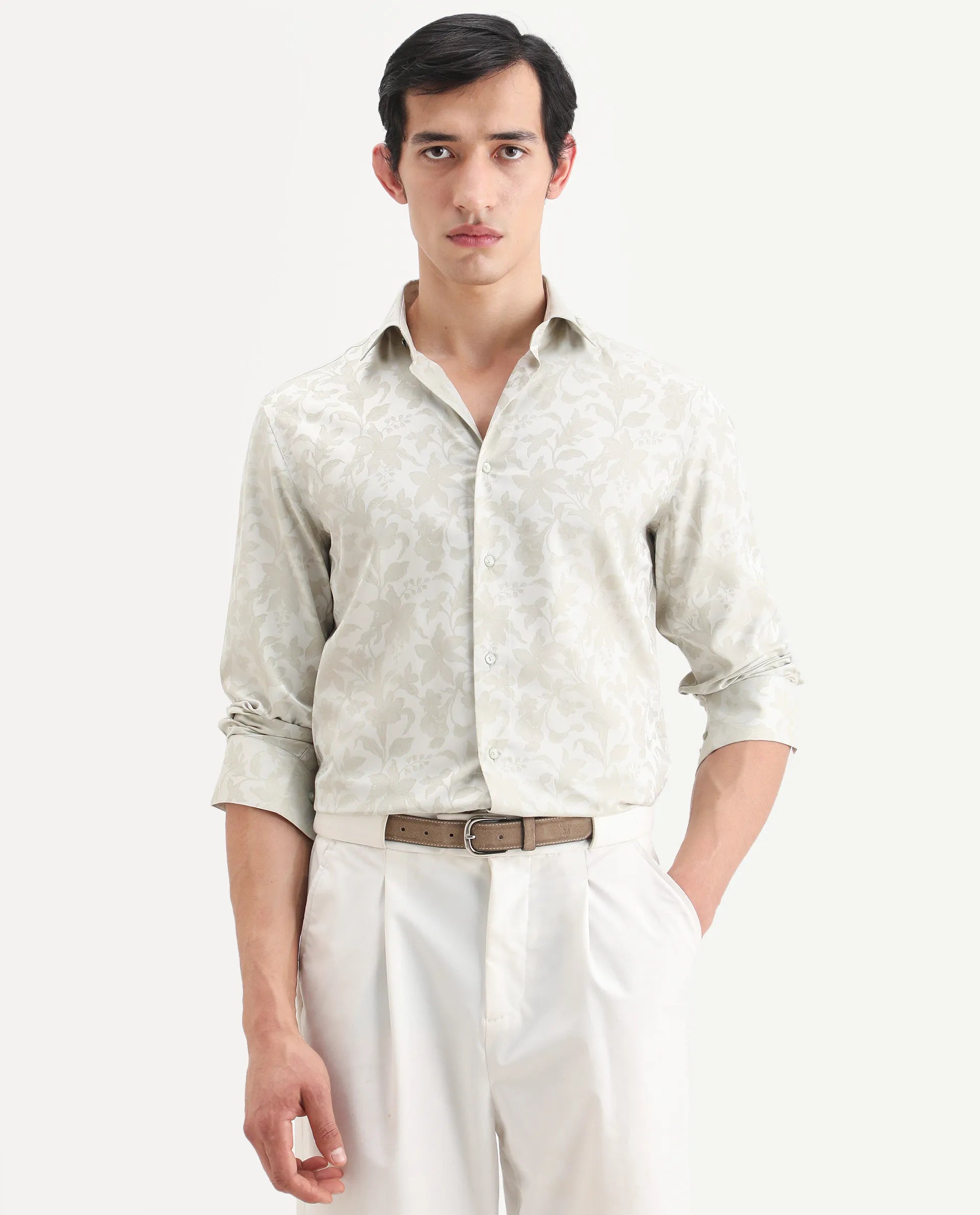 Rare Rabbit Men's Ringer Ls 26 Pastel Green Polyester Blend Fabric Full Sleeve Spread Collar Regular Fit Jacquard Shirt