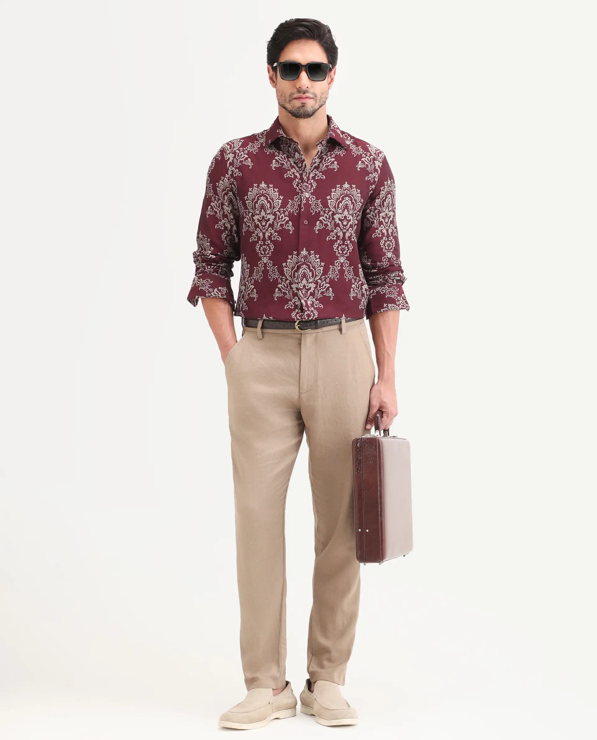 Rare Rabbit Men's Tiel Red Cotton Fabric Full Sleeve Spread Collar Button Regular Fit Jacquard Shirt