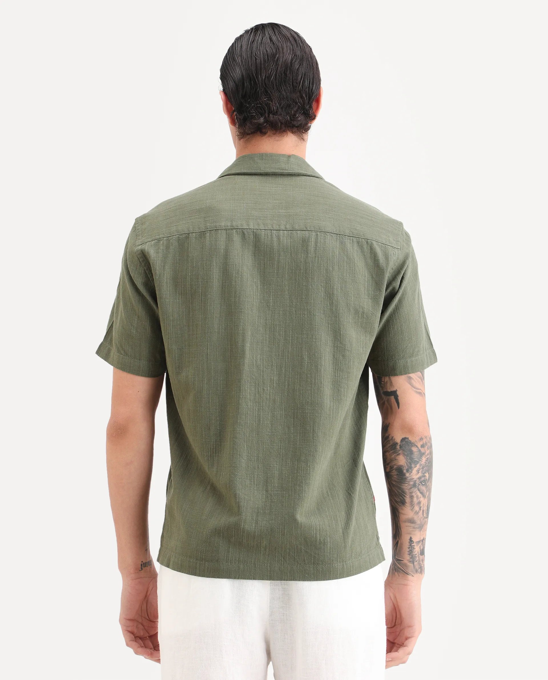 Rare Rabbit Men's Jank Green Cotton Blend Relaxed Fit Half Sleeve Embroidered Shirt