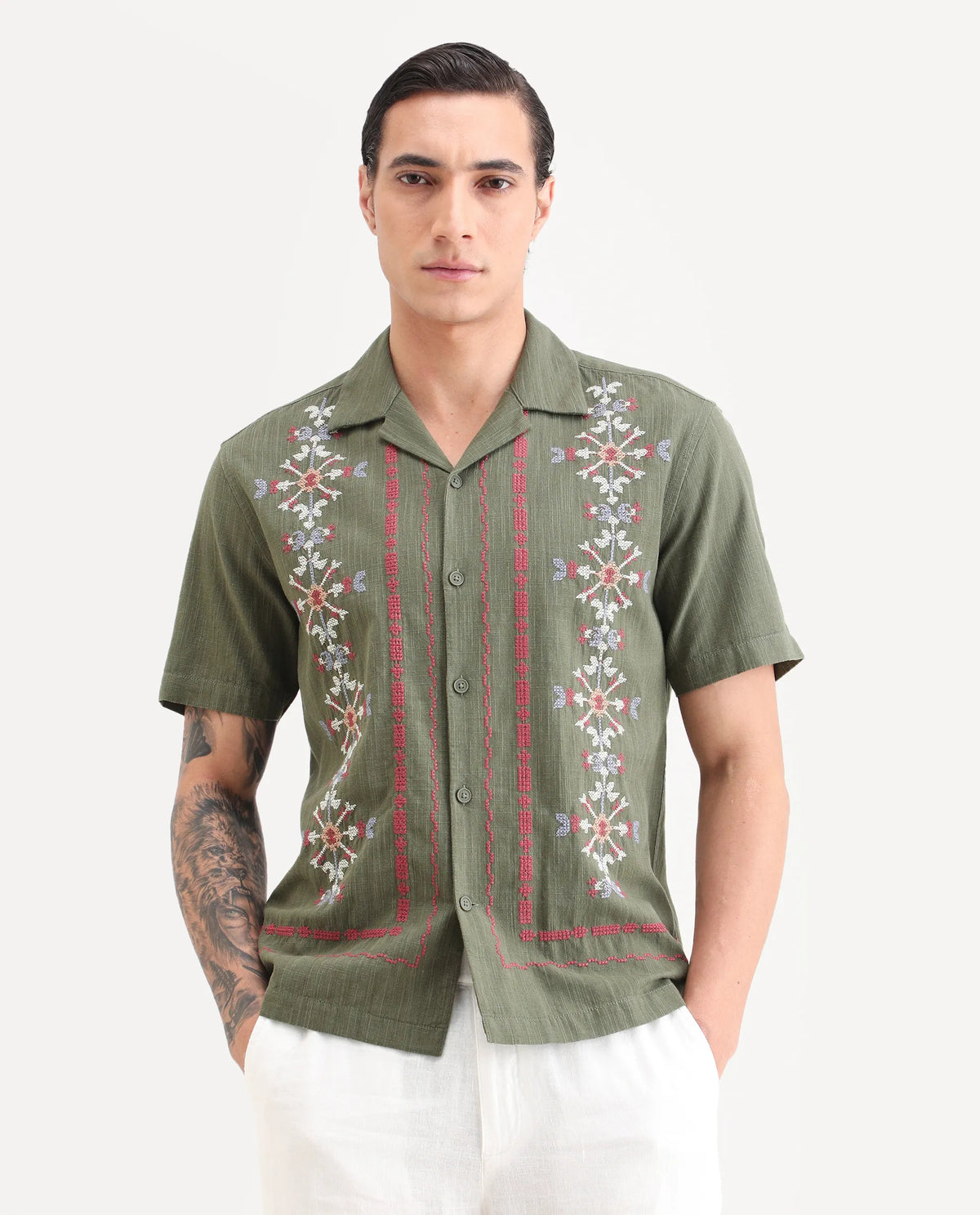 Rare Rabbit Men's Jank Green Cotton Blend Relaxed Fit Half Sleeve Embroidered Shirt