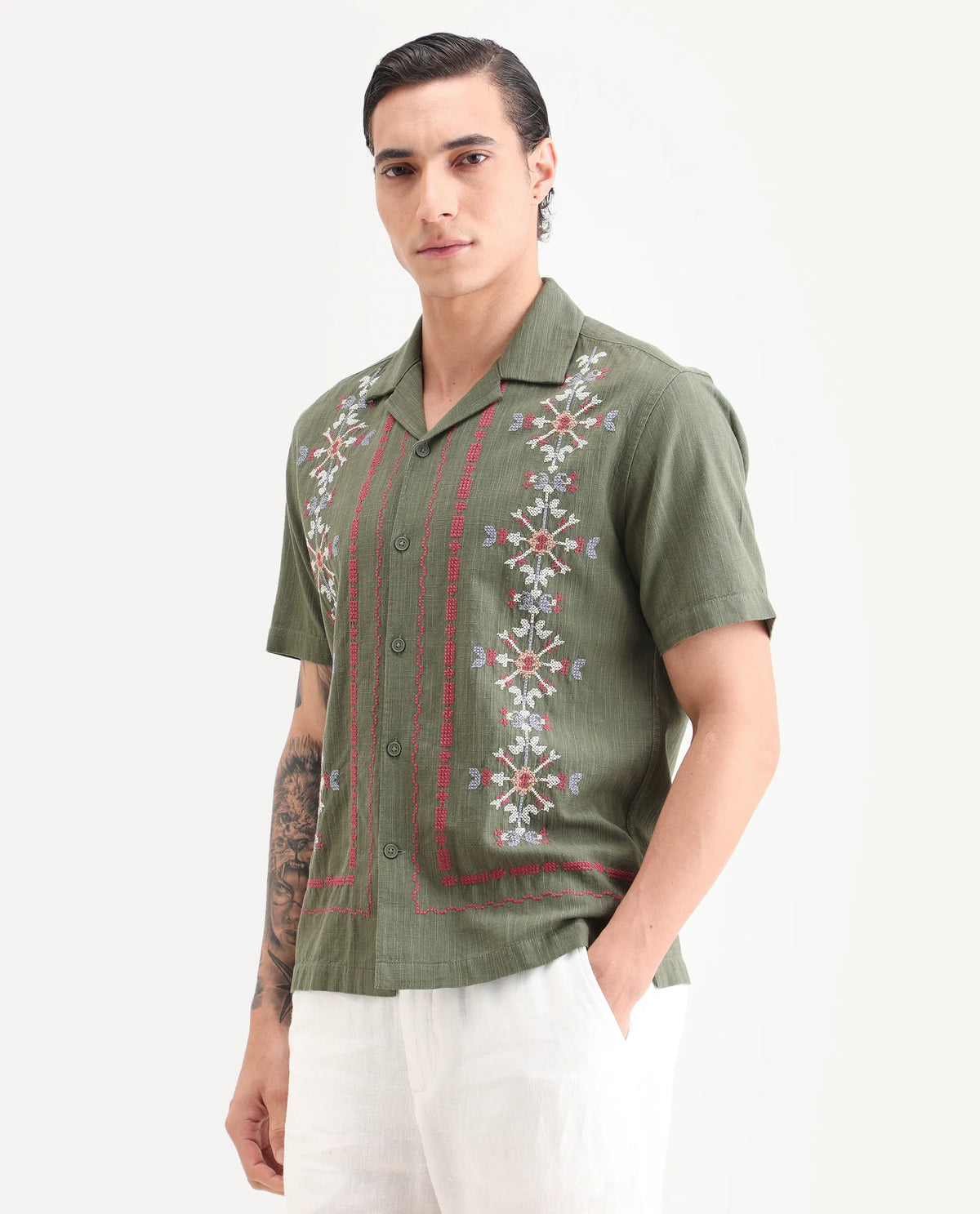 Rare Rabbit Men's Jank Green Cotton Blend Relaxed Fit Half Sleeve Embroidered Shirt