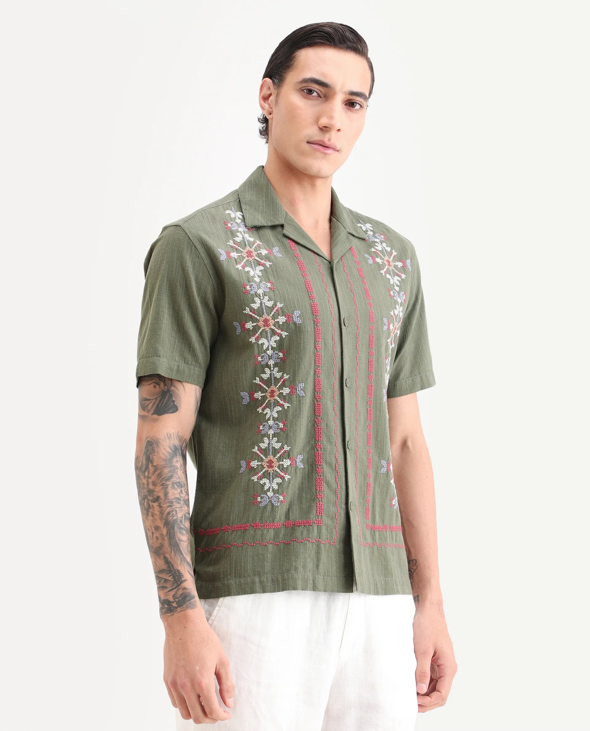 Rare Rabbit Men's Jank Green Cotton Blend Relaxed Fit Half Sleeve Embroidered Shirt