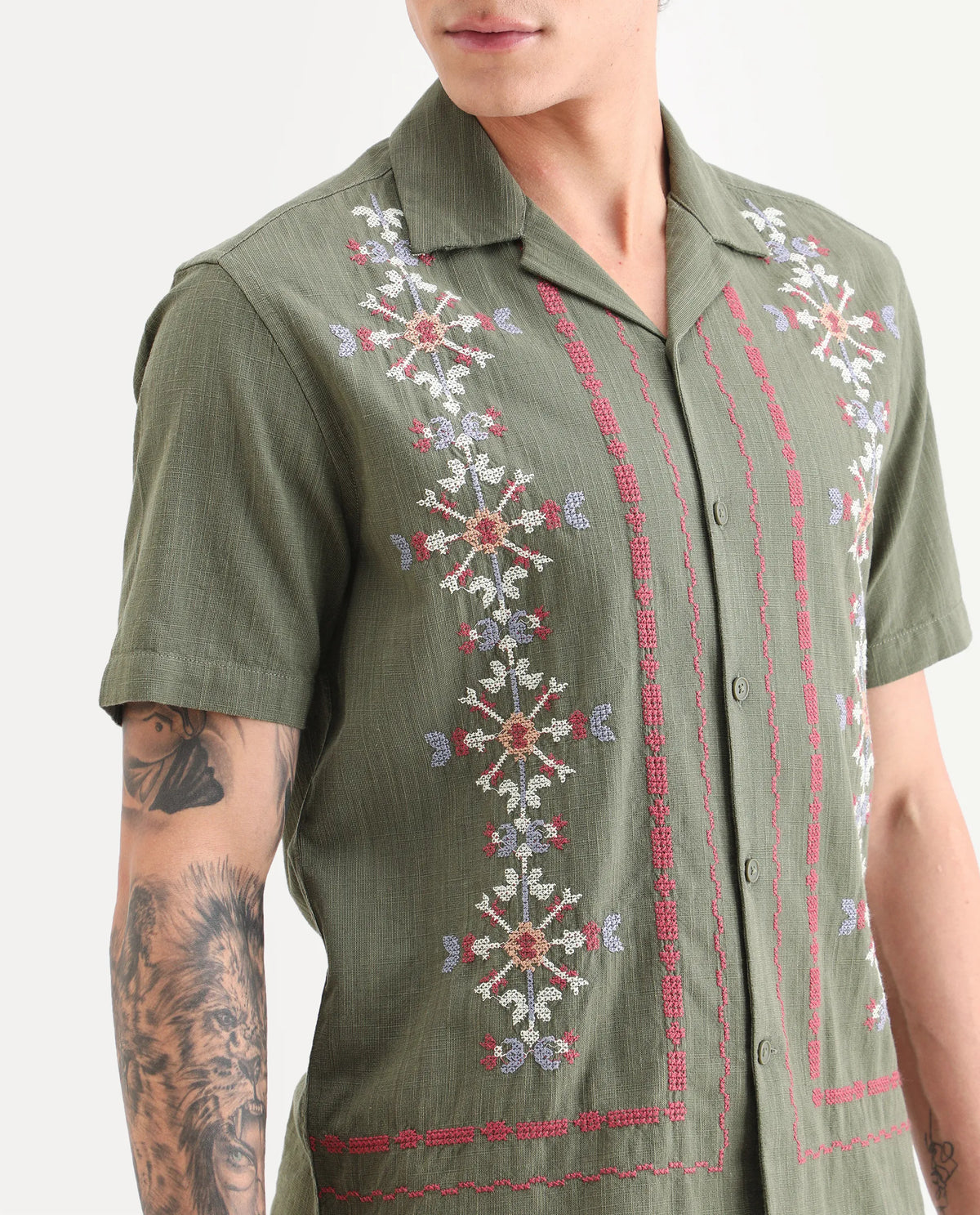 Rare Rabbit Men's Jank Green Cotton Blend Relaxed Fit Half Sleeve Embroidered Shirt