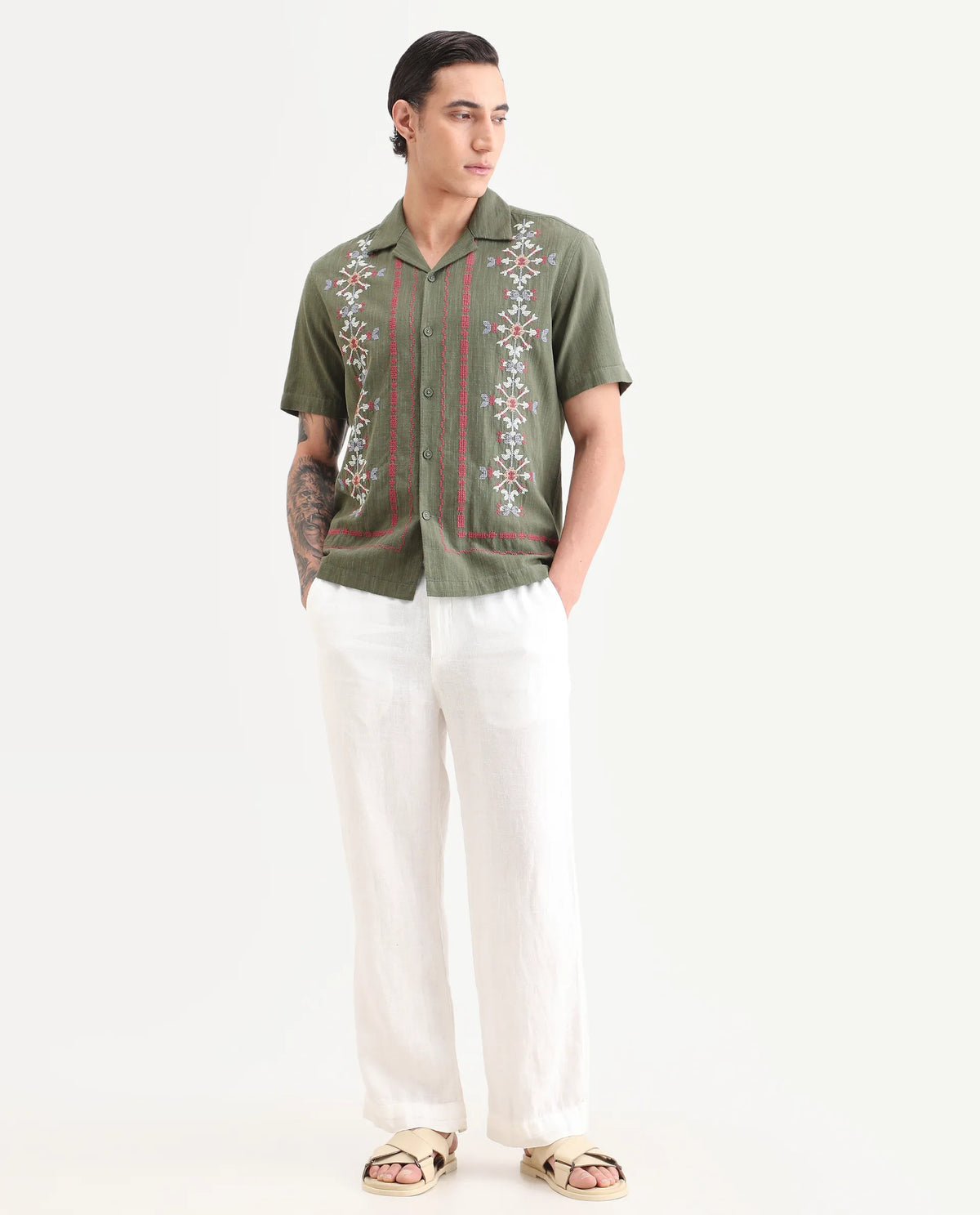 Rare Rabbit Men's Jank Green Cotton Blend Relaxed Fit Half Sleeve Embroidered Shirt