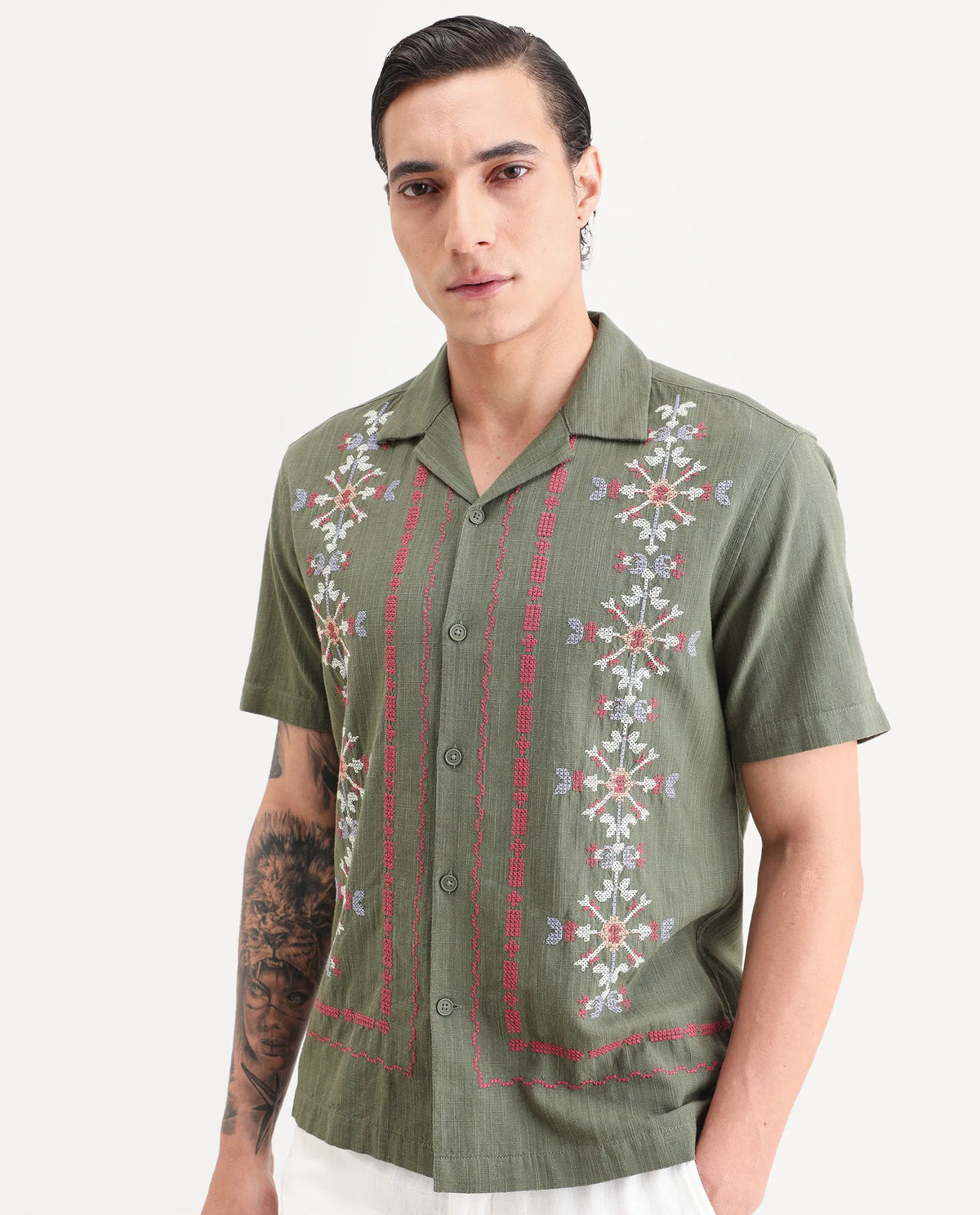Rare Rabbit Men's Jank Green Cotton Blend Relaxed Fit Half Sleeve Embroidered Shirt