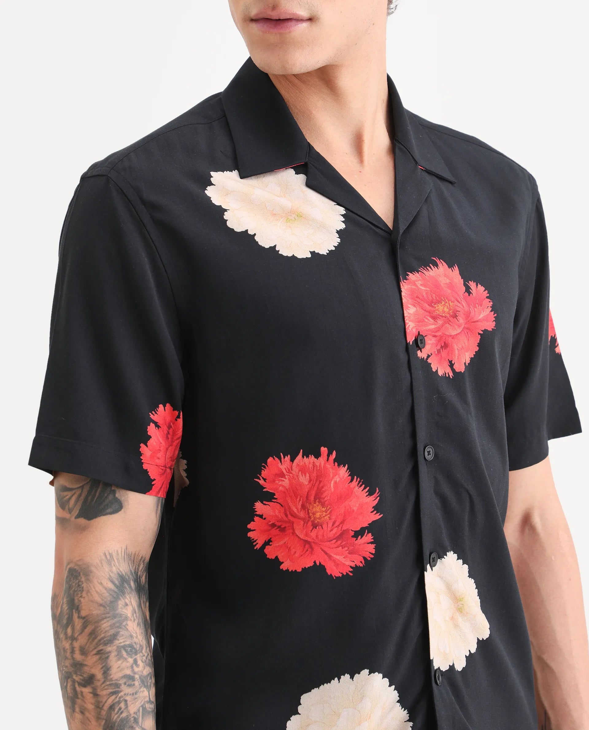 Rare Rabbit Men's Nulk Black Viscose Fabric Half Sleeve Spread Collar Regular Fit Floral Print Shirt