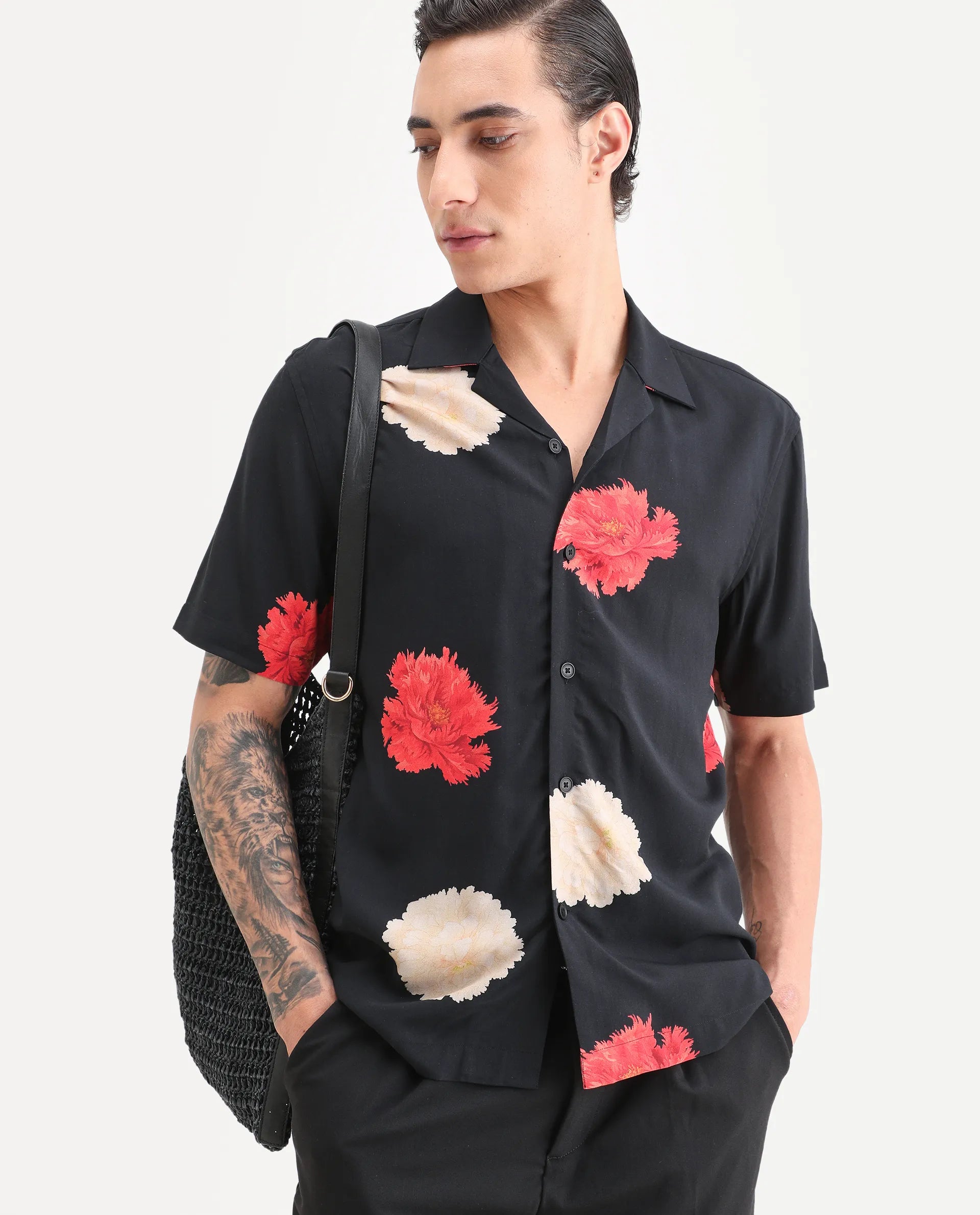 Rare Rabbit Men's Nulk Black Viscose Fabric Half Sleeve Spread Collar Regular Fit Floral Print Shirt