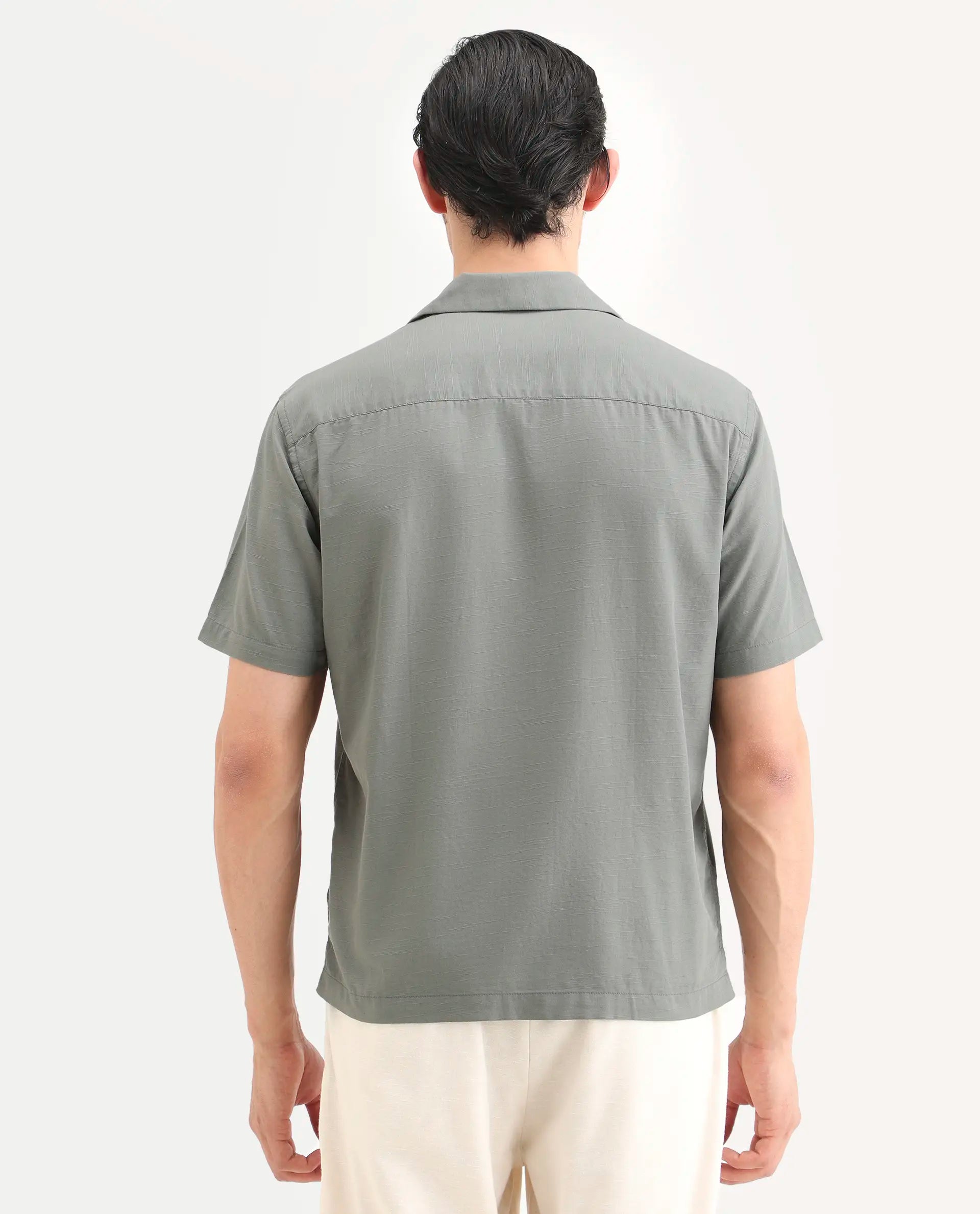 Rare Rabbit Men's Plem Dusky Blue Linen Blend Fabric Half Sleeve Cuban Collar Relaxed Fit Embroidered Shirt