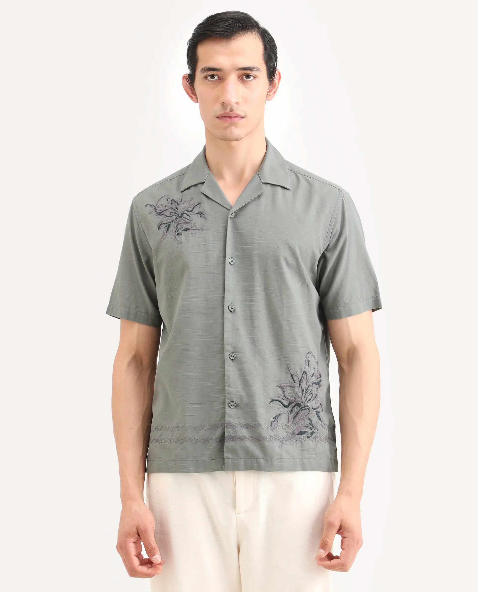 Rare Rabbit Men's Plem Dusky Blue Linen Blend Fabric Half Sleeve Cuban Collar Relaxed Fit Embroidered Shirt