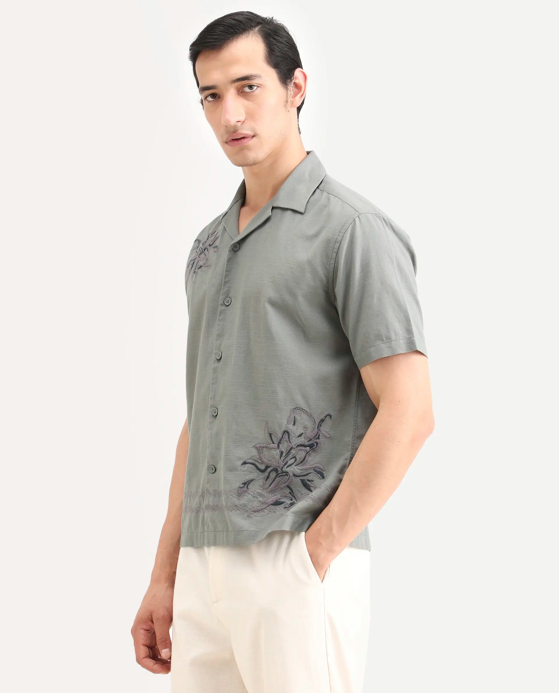 Rare Rabbit Men's Plem Dusky Blue Linen Blend Fabric Half Sleeve Cuban Collar Relaxed Fit Embroidered Shirt