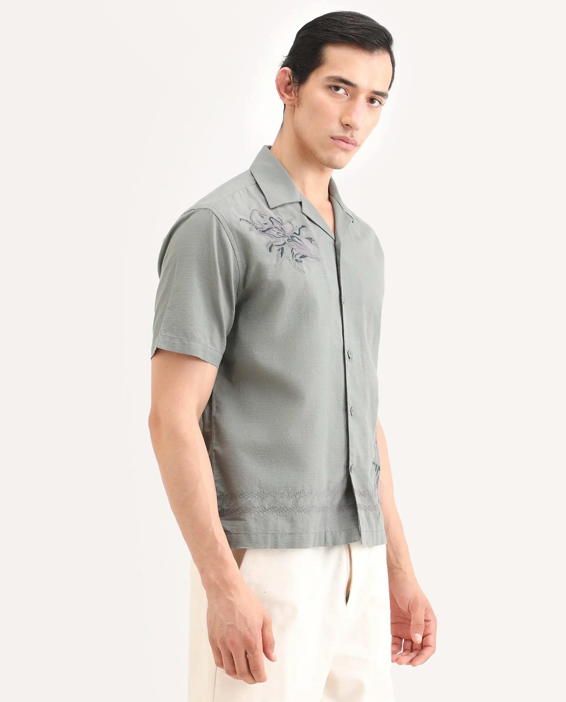 Rare Rabbit Men's Plem Dusky Blue Linen Blend Fabric Half Sleeve Cuban Collar Relaxed Fit Embroidered Shirt