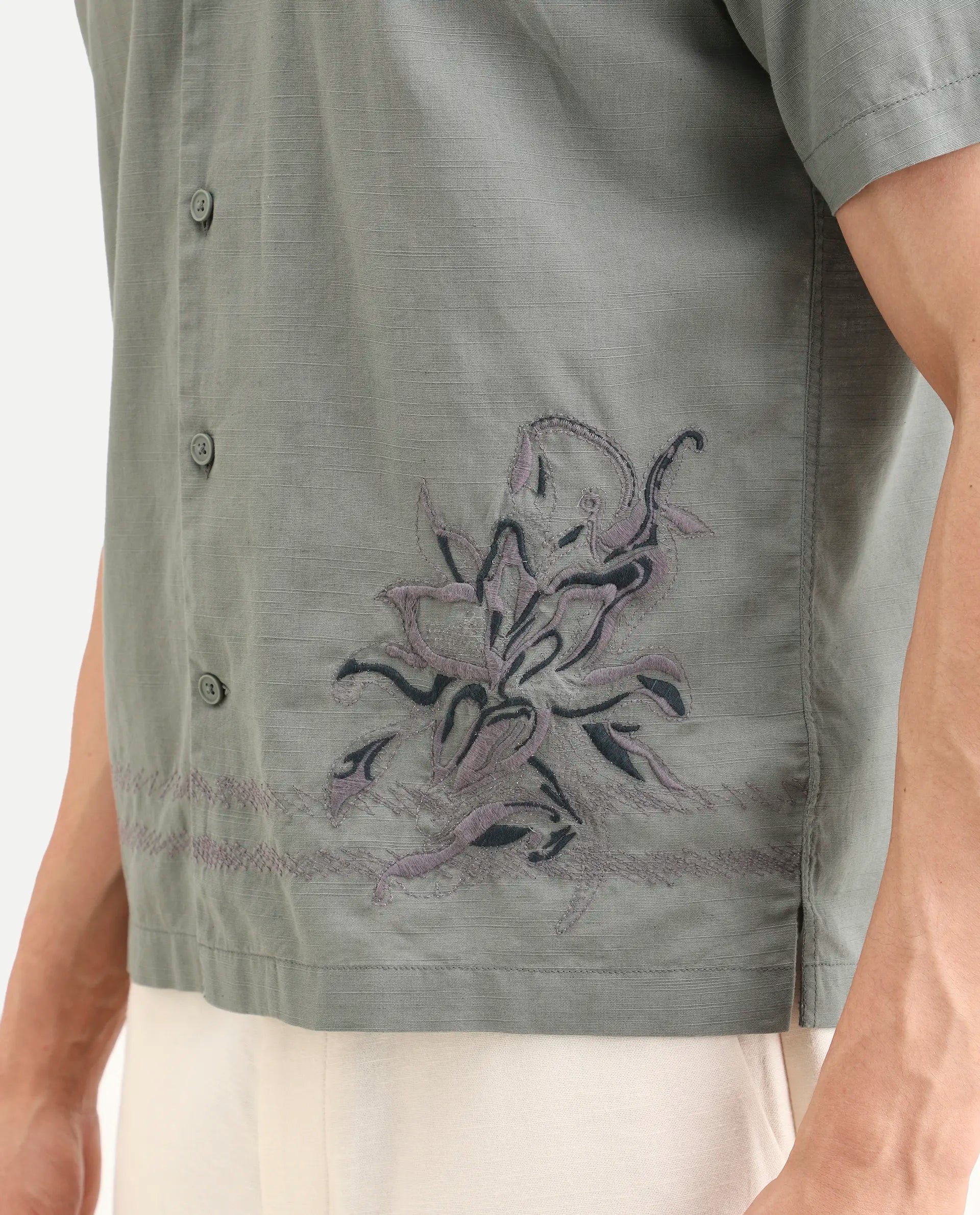Rare Rabbit Men's Plem Dusky Blue Linen Blend Fabric Half Sleeve Cuban Collar Relaxed Fit Embroidered Shirt