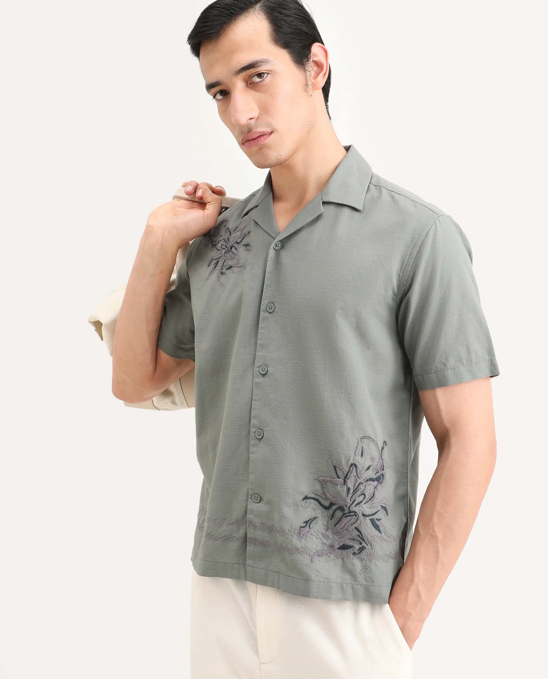 Rare Rabbit Men's Plem Dusky Blue Linen Blend Fabric Half Sleeve Cuban Collar Relaxed Fit Embroidered Shirt