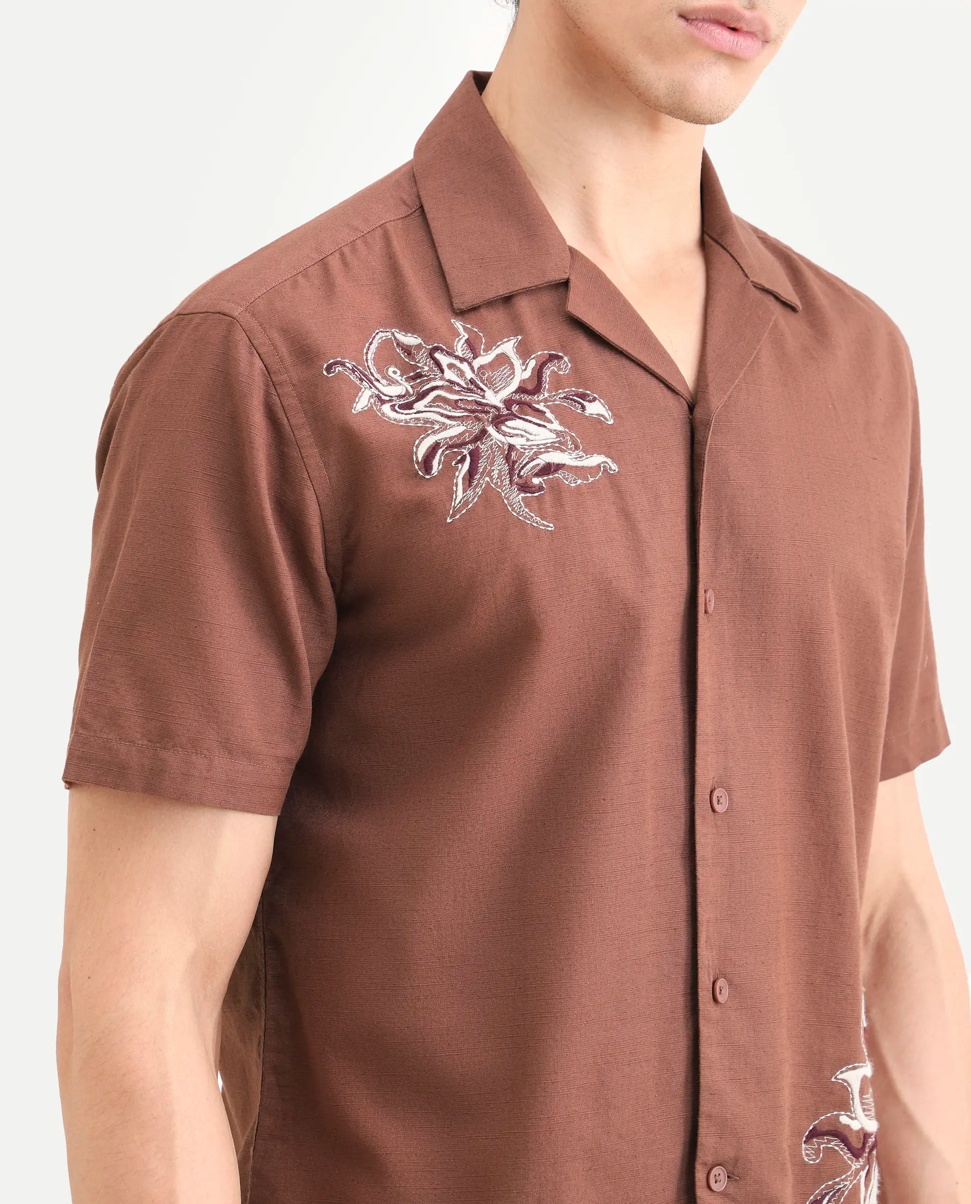 Rare Rabbit Men's Plem Brown Cotton Blend Fabric Half Sleeve Cuban Collar Relaxed Fit Embroidered Shirt