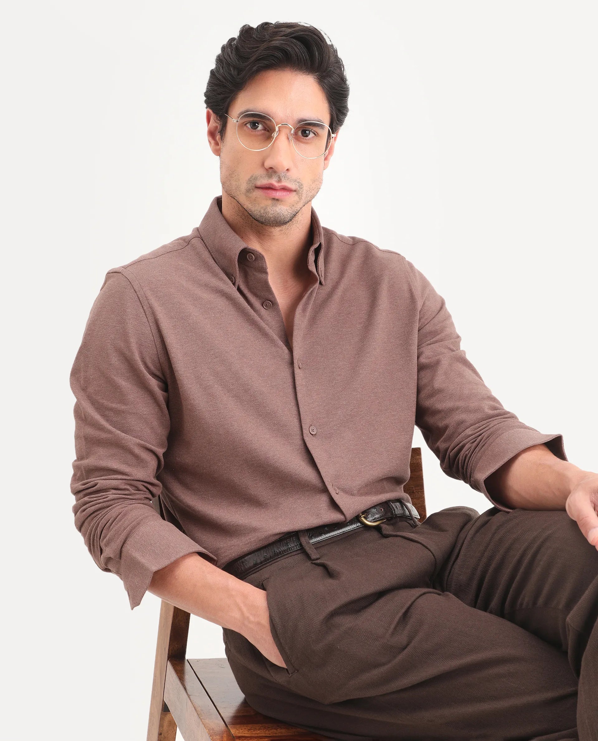 Rare Rabbit Men's Isla Brown Cotton Fabric Full Sleeve Button-Down Collar Regular Fit Plain Shirt