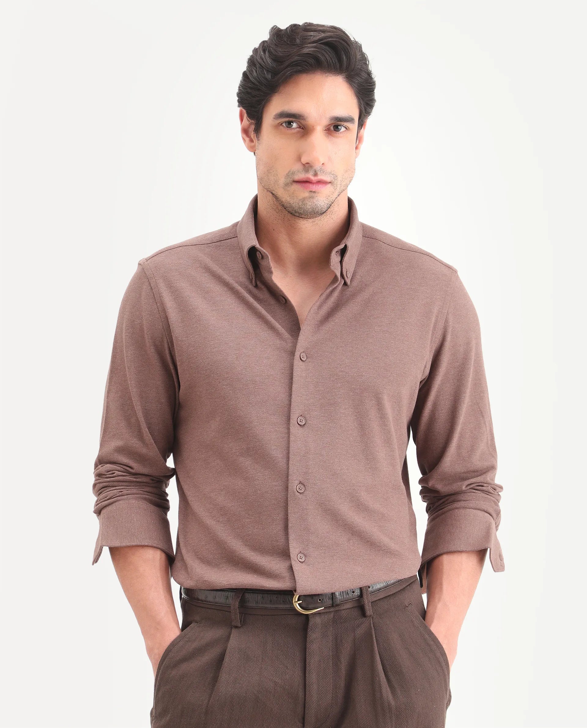 Rare Rabbit Men's Isla Brown Cotton Fabric Full Sleeve Button-Down Collar Regular Fit Plain Shirt