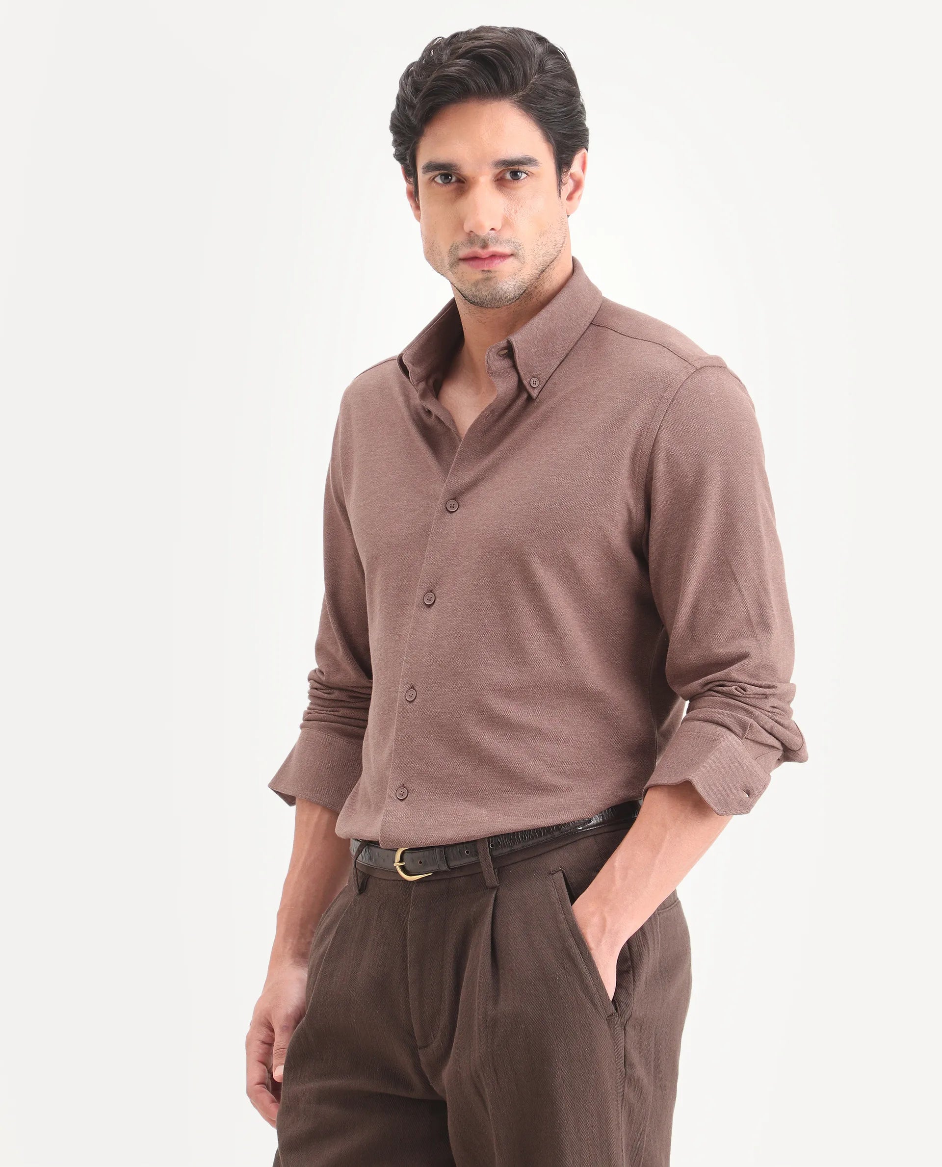 Rare Rabbit Men's Isla Brown Cotton Fabric Full Sleeve Button-Down Collar Regular Fit Plain Shirt