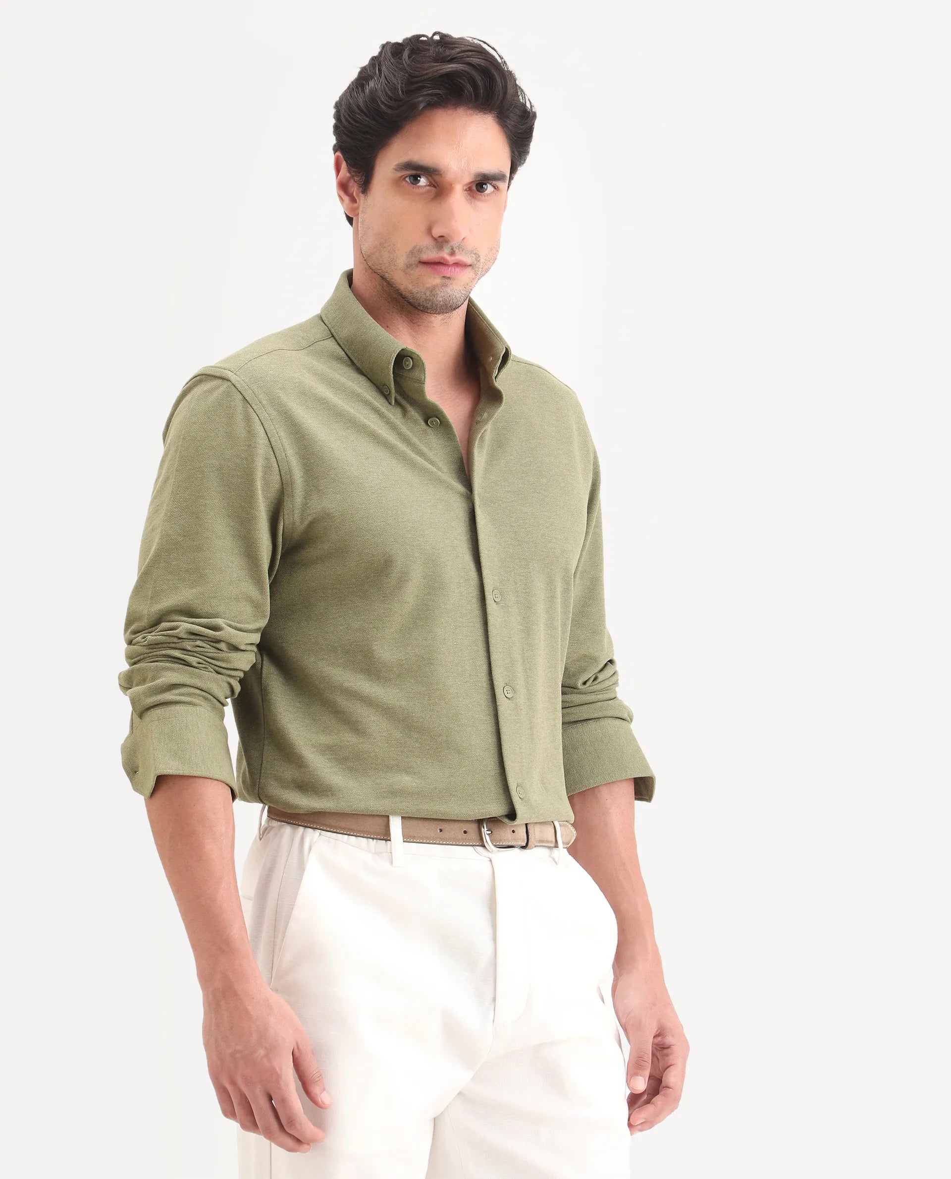 Rare Rabbit Men's Isla Green Cotton Fabric Full Sleeve Button-Down Collar Regular Fit Plain Shirt