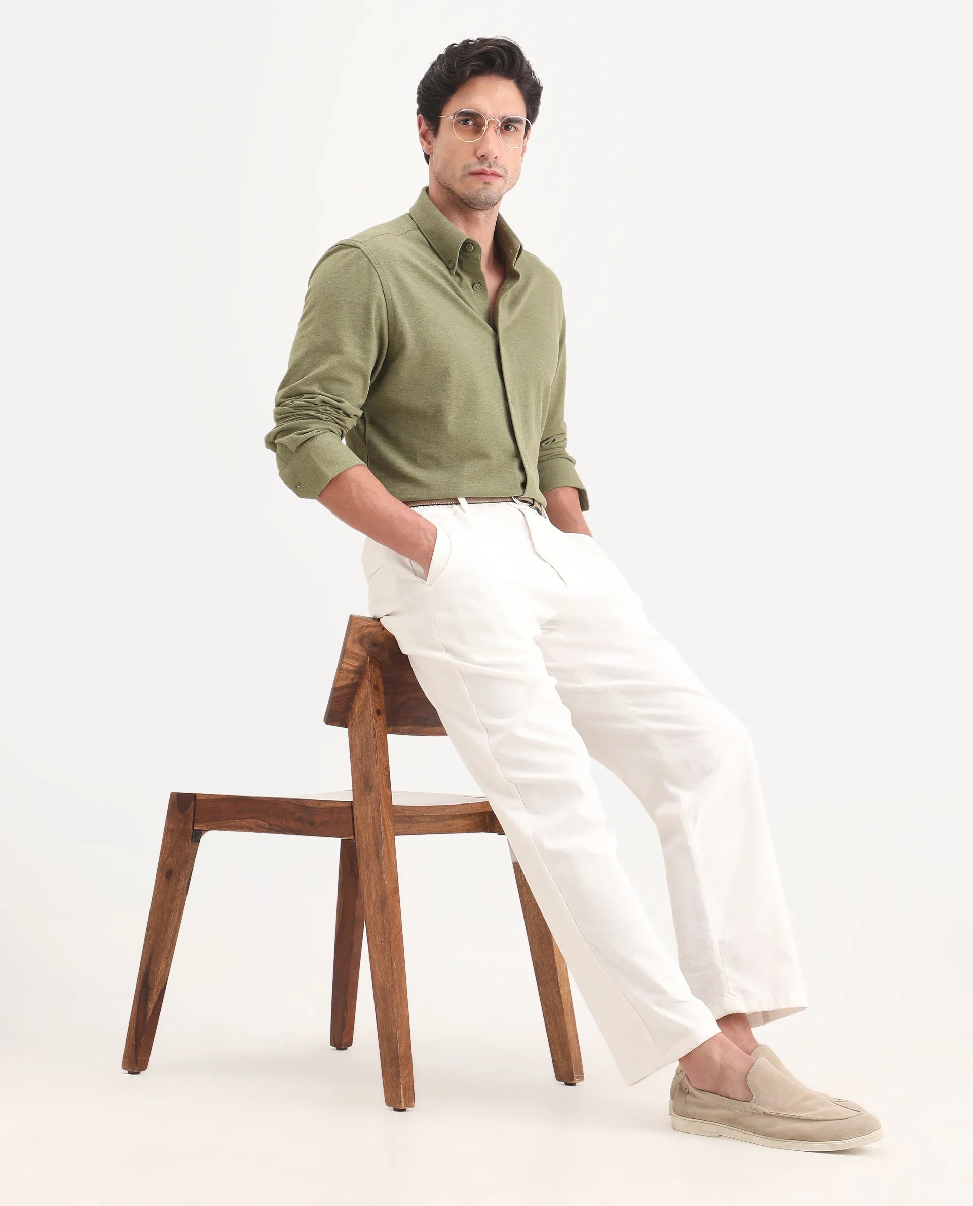 Rare Rabbit Men's Isla Green Cotton Fabric Full Sleeve Button-Down Collar Regular Fit Plain Shirt