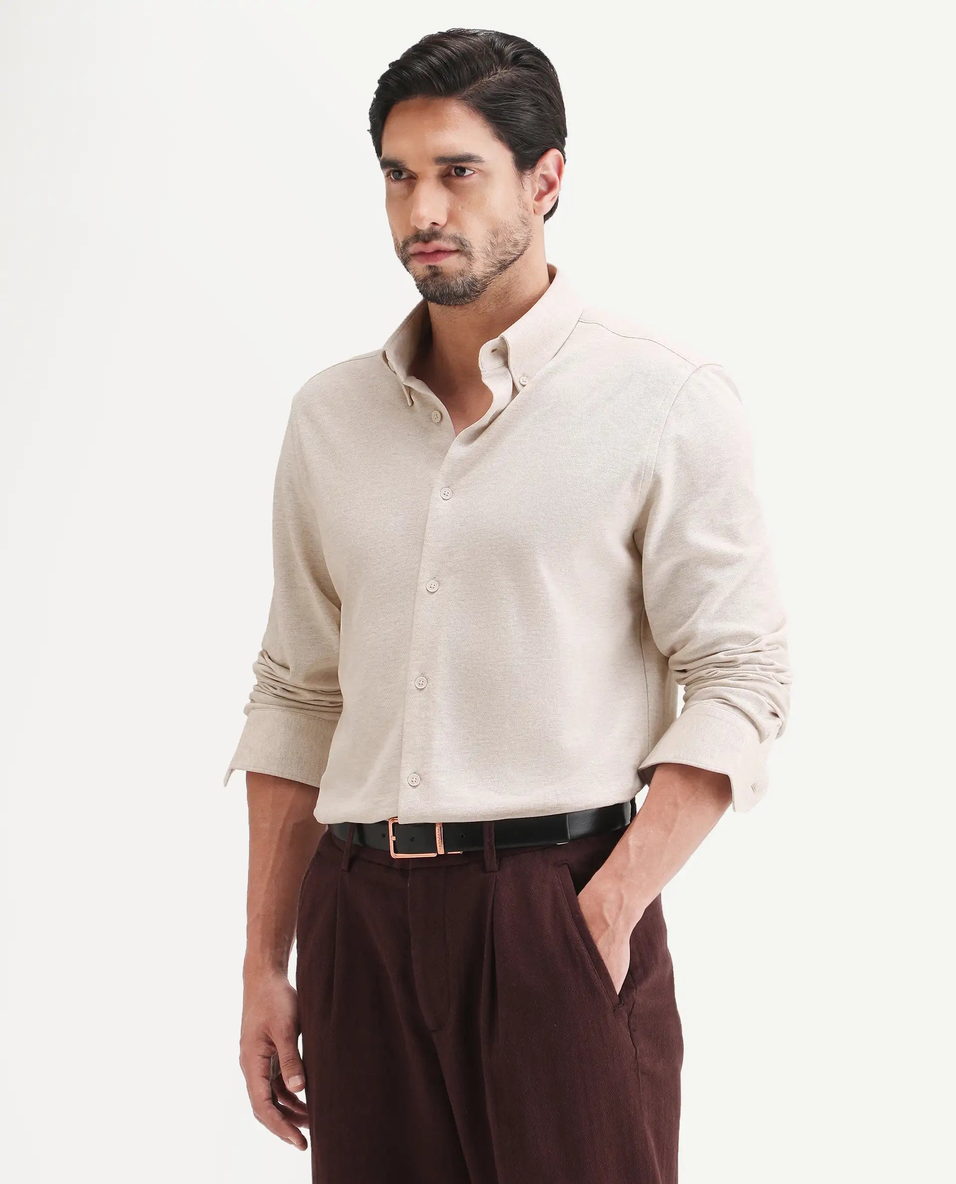 Rare Rabbit Men's Isla Beige Cotton Fabric Full Sleeve Button-Down Collar Regular Fit Plain Shirt