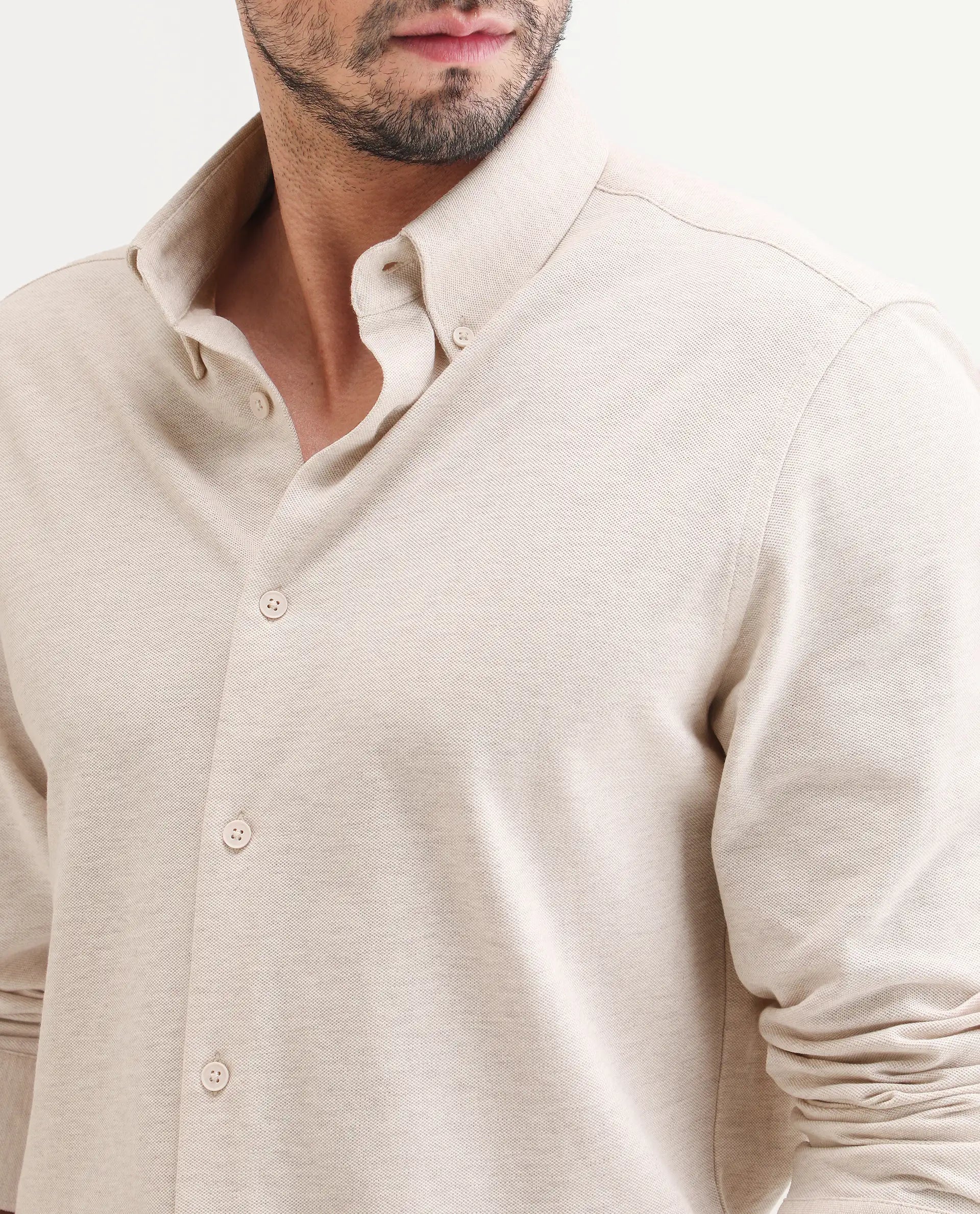 Rare Rabbit Men's Isla Beige Cotton Fabric Full Sleeve Button-Down Collar Regular Fit Plain Shirt