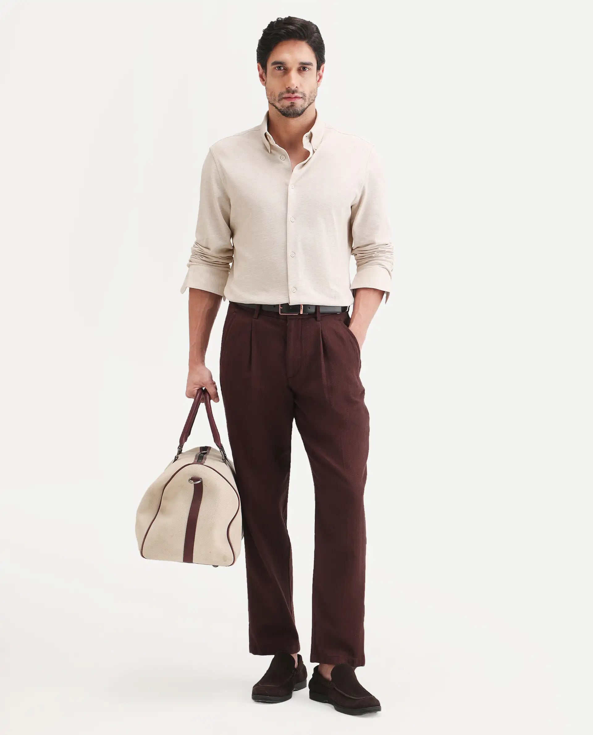 Rare Rabbit Men's Isla Beige Cotton Fabric Full Sleeve Button-Down Collar Regular Fit Plain Shirt