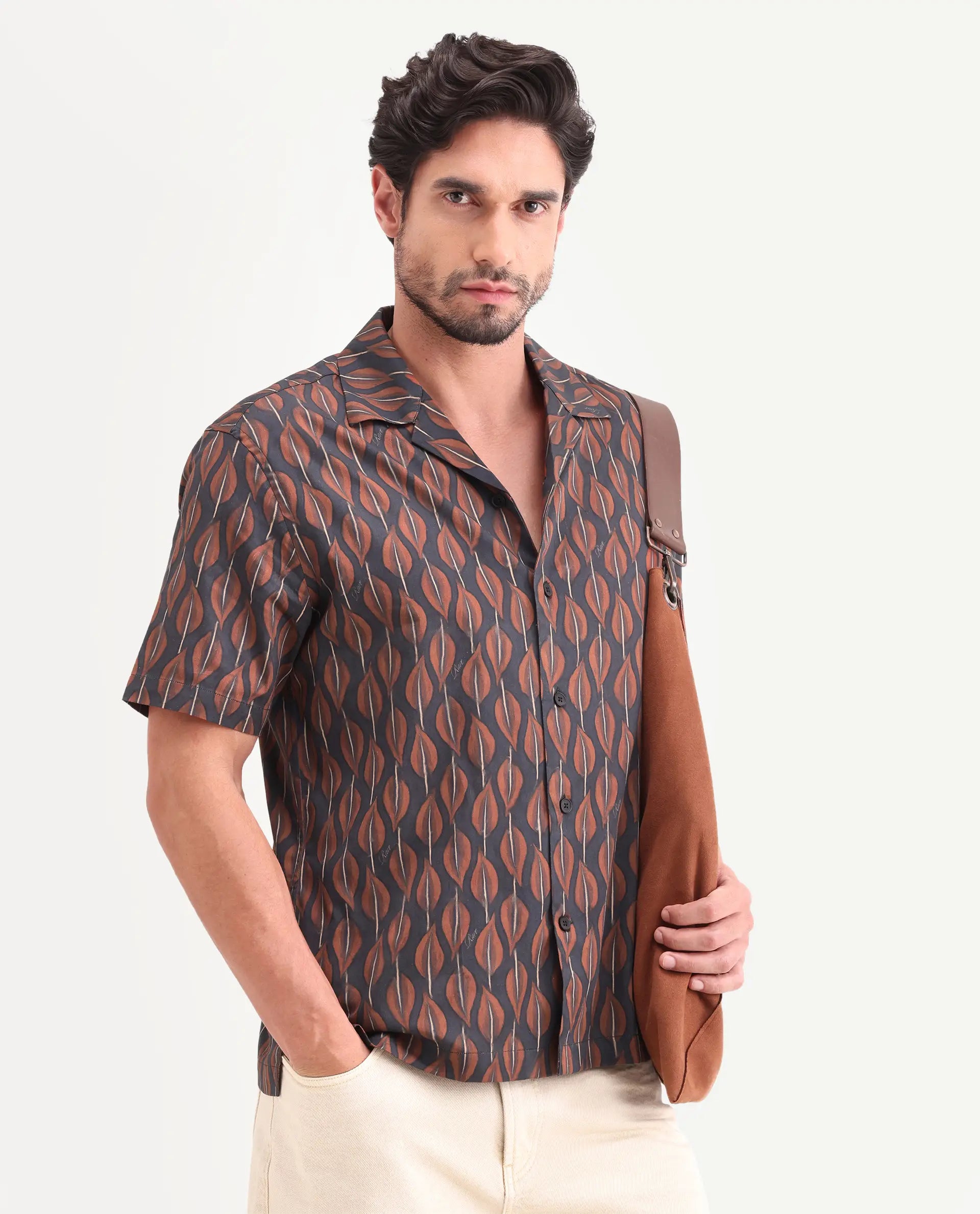 Rare Rabbit Men's Zuly Black Cotton Fabric Half Sleeve Spread Collar Regular Fit Tropical Print Shirt