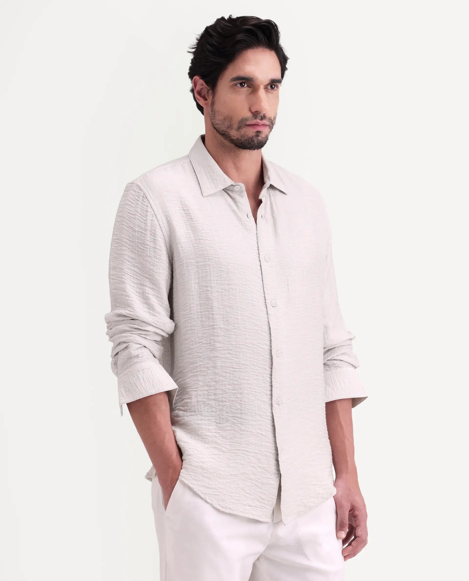 Rare Rabbit Men's Veon-Ls Off White Viscose Blend Fabric Full Sleeve Spread Collar Regular Fit Plain Shirt