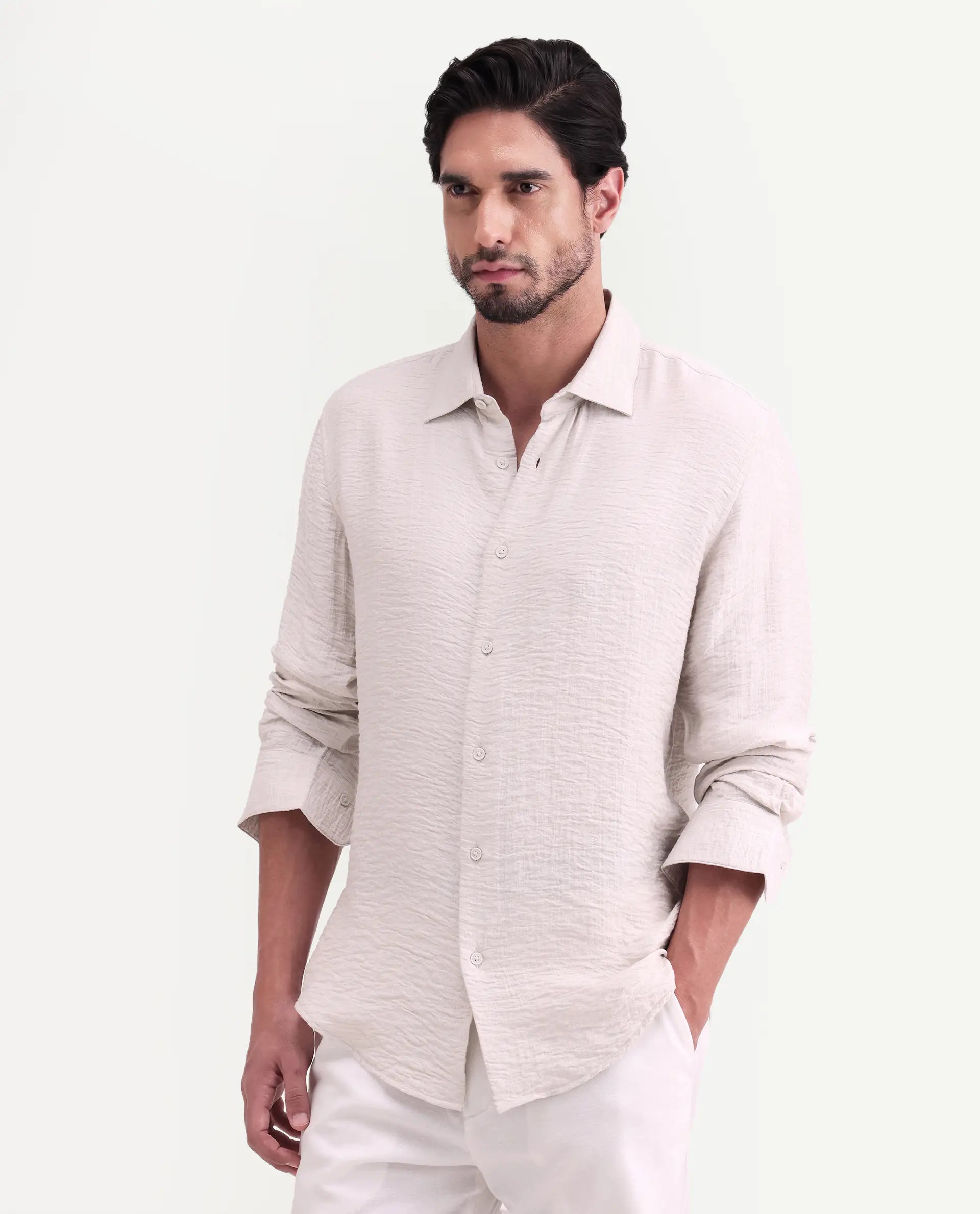 Rare Rabbit Men's Veon-Ls Off White Viscose Blend Fabric Full Sleeve Spread Collar Regular Fit Plain Shirt