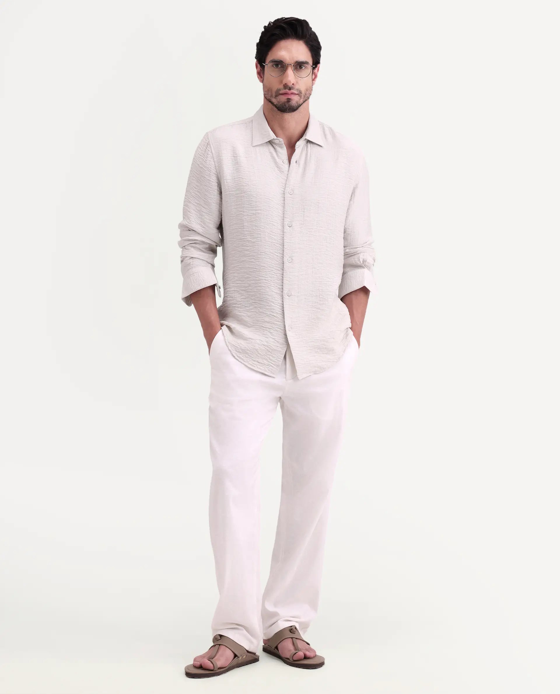 Rare Rabbit Men's Veon-Ls Off White Viscose Blend Fabric Full Sleeve Spread Collar Regular Fit Plain Shirt