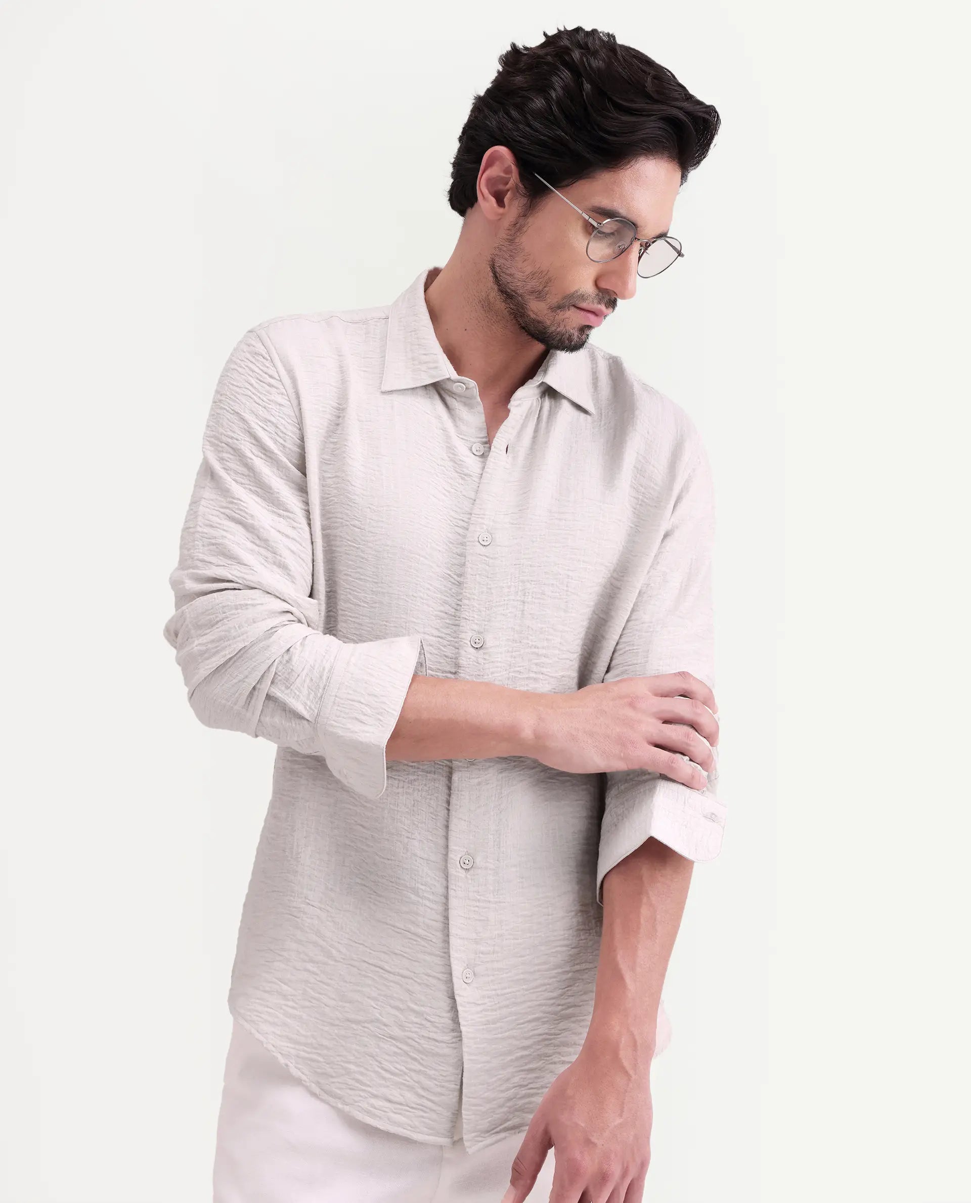 Rare Rabbit Men's Veon-Ls Off White Viscose Blend Fabric Full Sleeve Spread Collar Regular Fit Plain Shirt