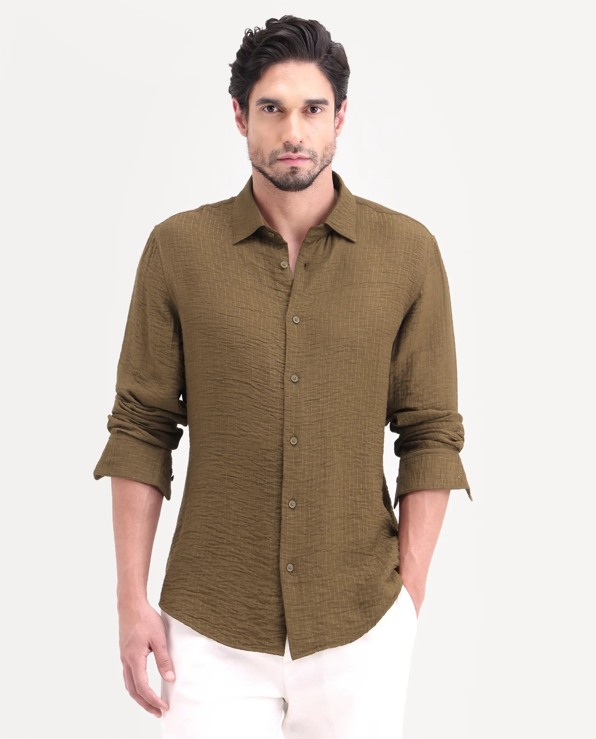 Rare Rabbit Men's Veon-Ls Olive Viscose Blend Fabric Full Sleeve Spread Collar Regular Fit Plain Shirt