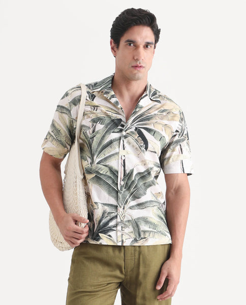 Rare Rabbit Men's Tana Beige Cotton Fabric Short Sleeve Collared Neck Button Closure Texture Shirt