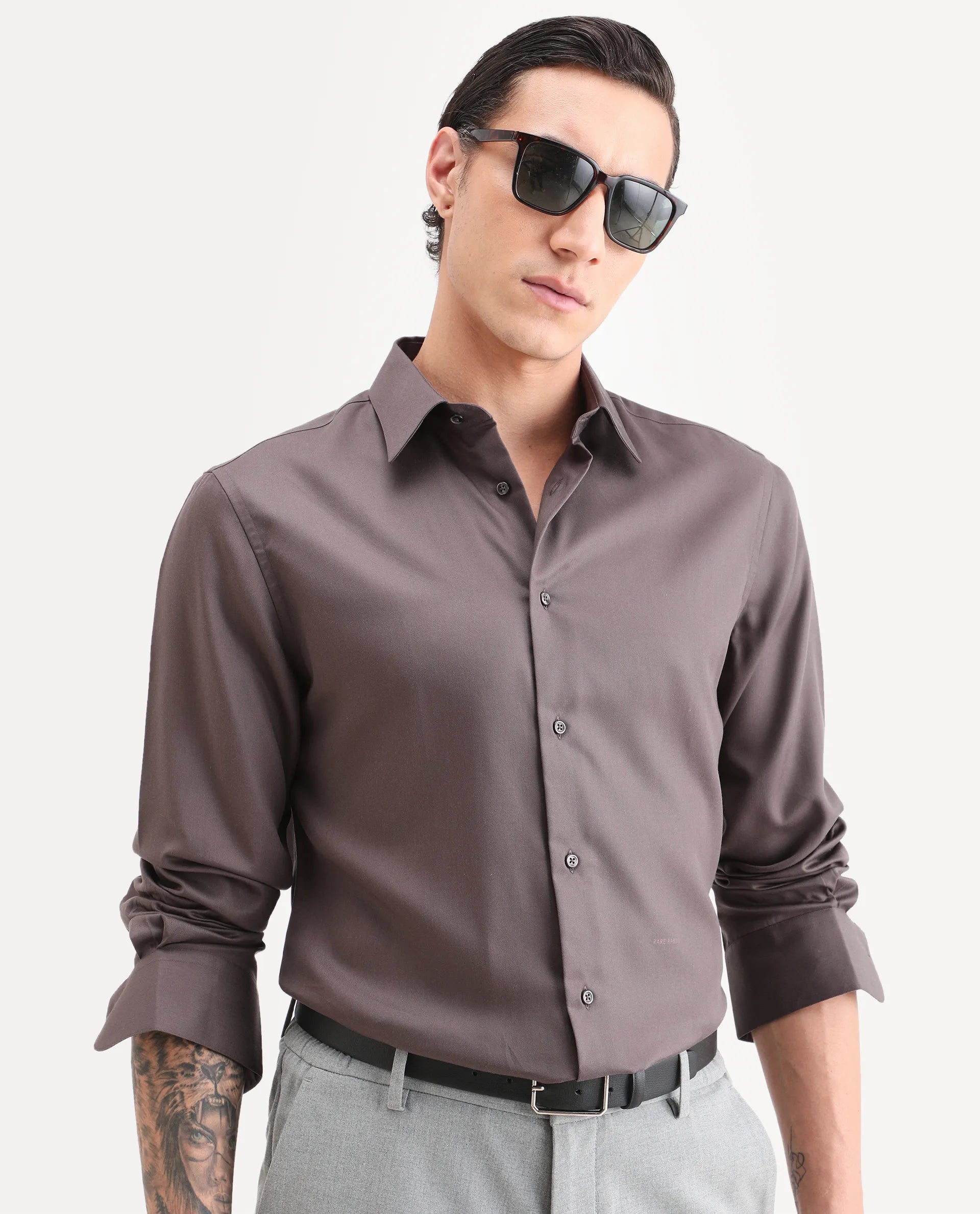 Rare Rabbit Men's Dream Dusky Fawn Tencel Fabric Full Sleeve Spread Collar Morris Regular Fit Plain Shirt