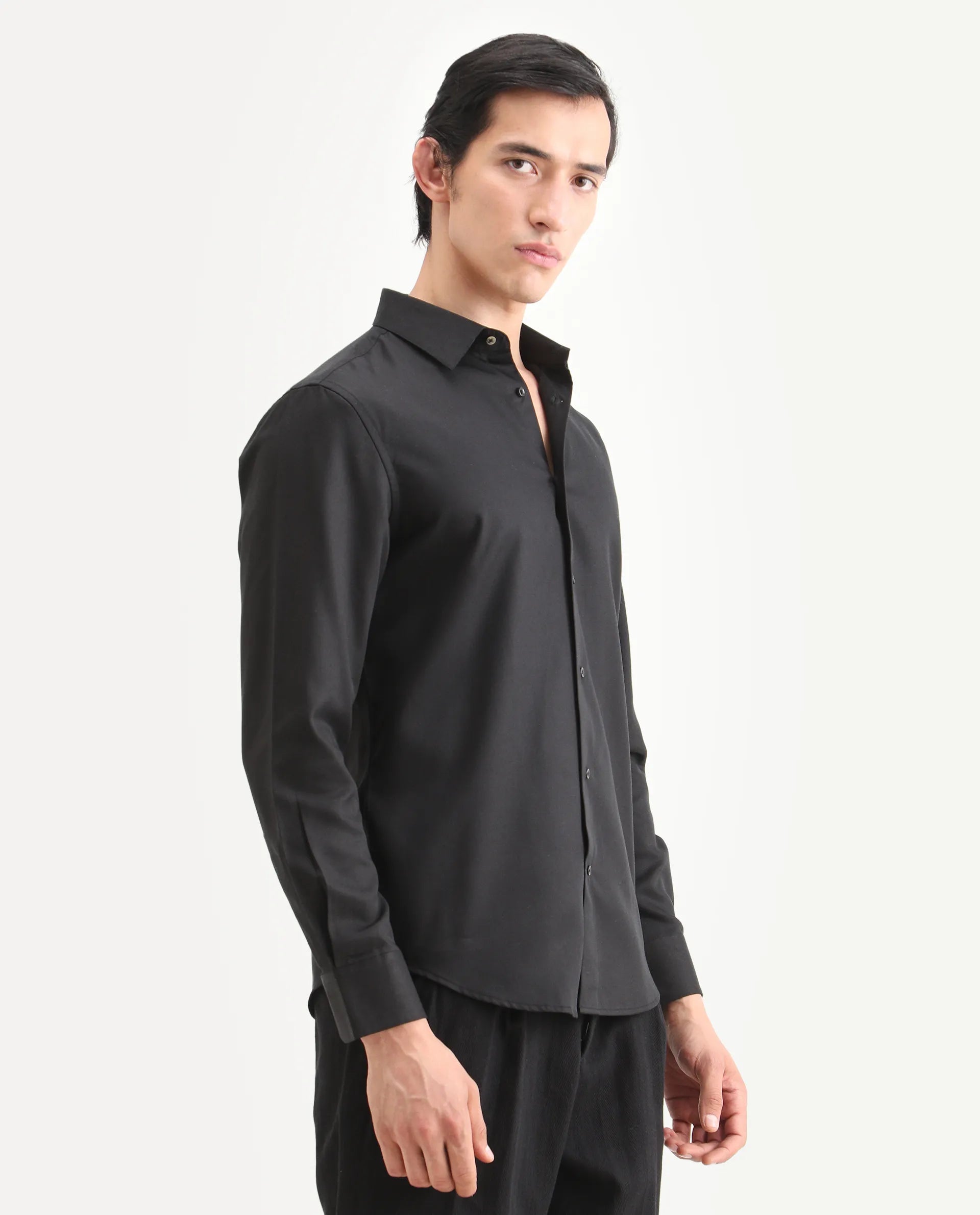 Rare Rabbit Men's Dream Black Tencel Fabric Full Sleeve Spread Collar Regular Fit Plain Shirt