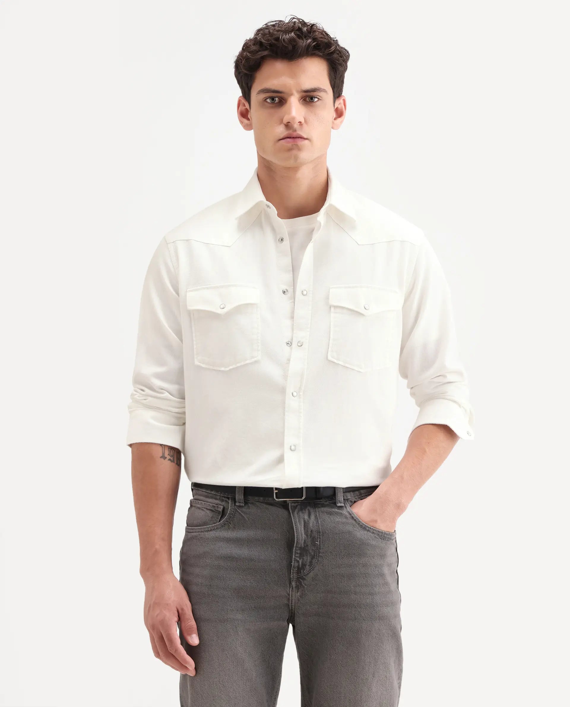 Rare Rabbit Men's Haxlr 26 Off White Cotton Blend Fabric Full Sleeve Spread Collar Snap Button Regular Fit Plain Shirt