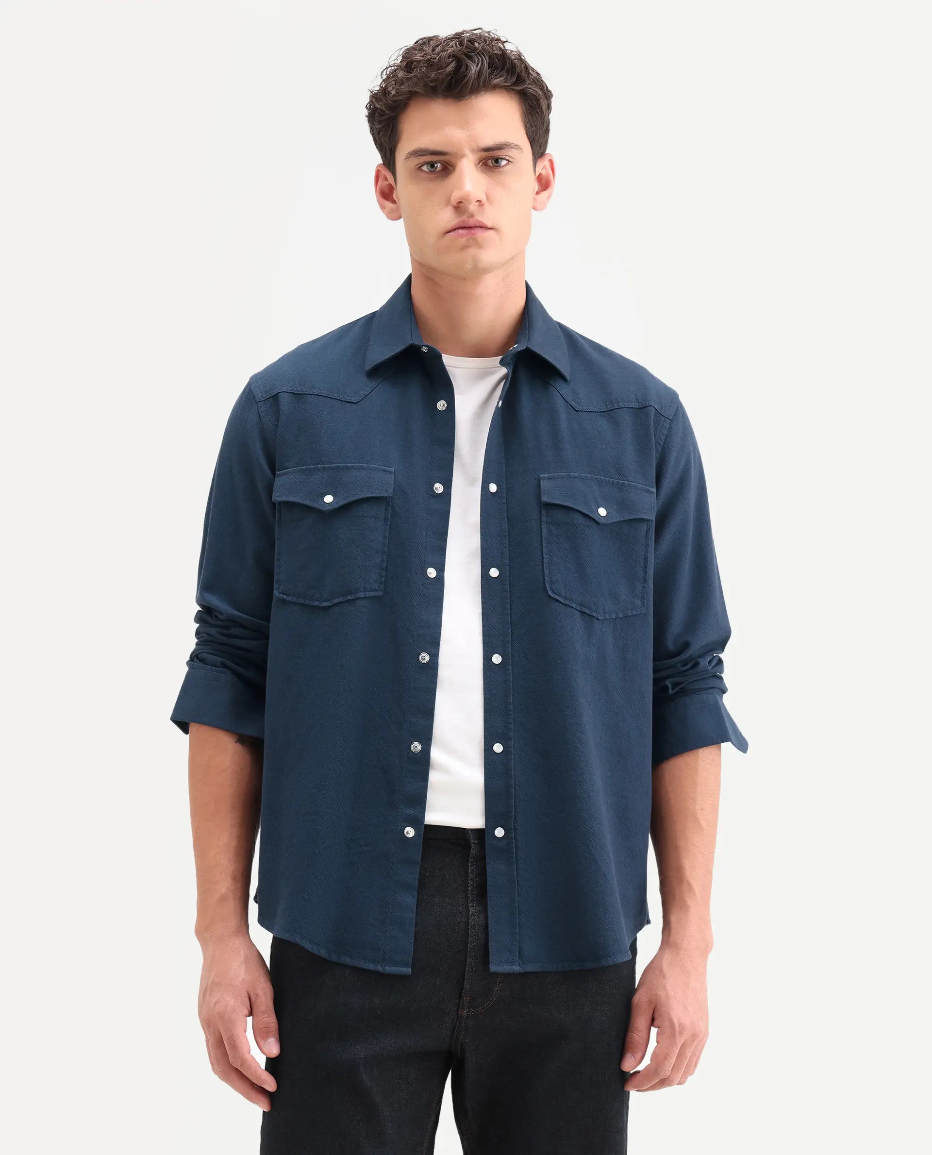 Rare Rabbit Men's Haxlr 26 Navy Cotton Blend Fabric Full Sleeve Spread Collar Snap Button Regular Fit Plain Shirt