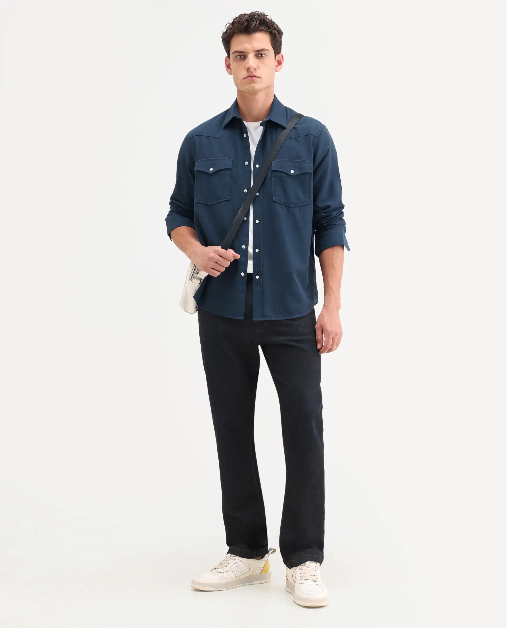 Rare Rabbit Men's Haxlr 26 Navy Cotton Blend Fabric Full Sleeve Spread Collar Snap Button Regular Fit Plain Shirt
