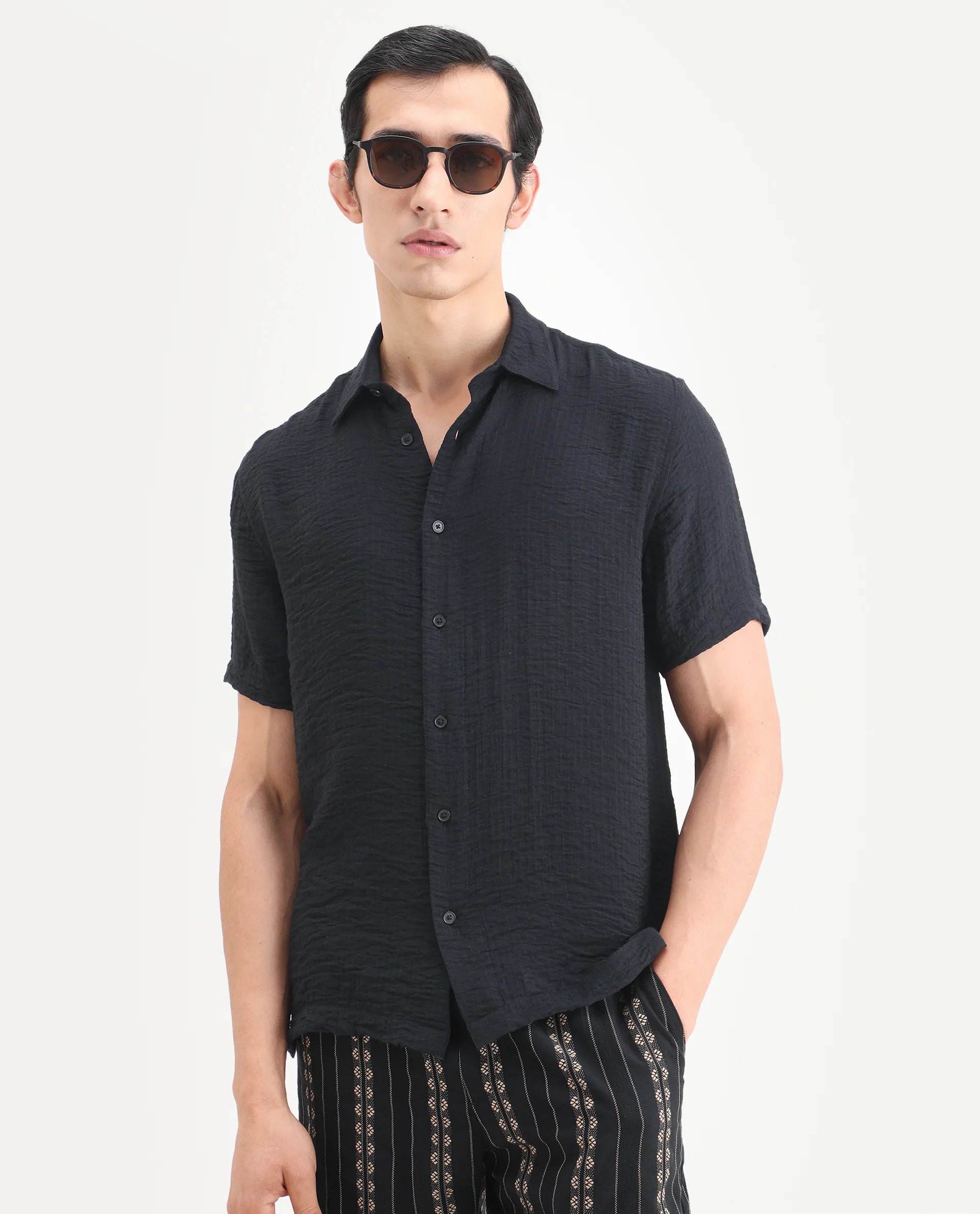Rare Rabbit Men's Veon-Ss Black Viscose Blend Fabric Half Sleeve Spread Collar Regular Fit Plain Shirt