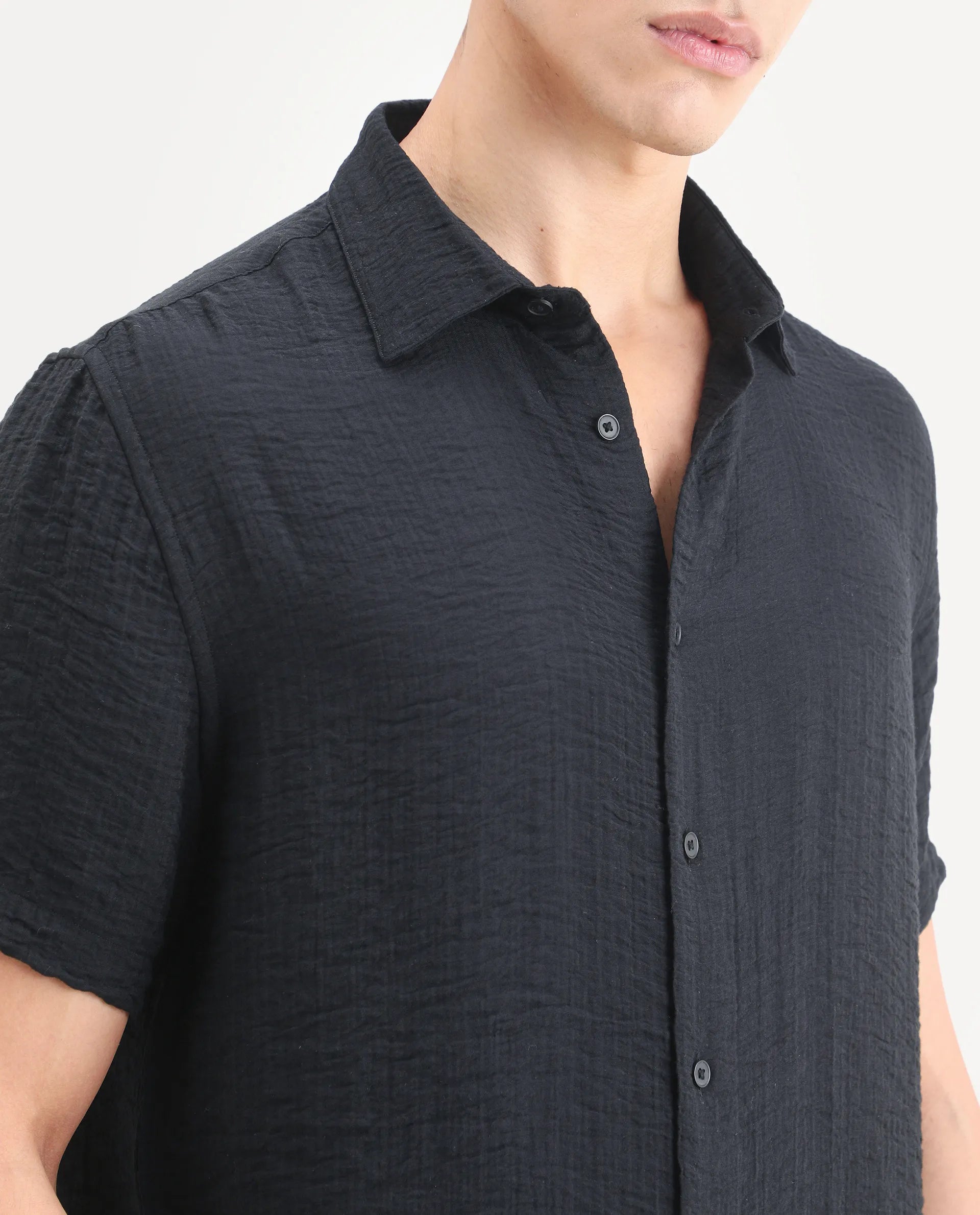Rare Rabbit Men's Veon-Ss Black Viscose Blend Fabric Half Sleeve Spread Collar Regular Fit Plain Shirt