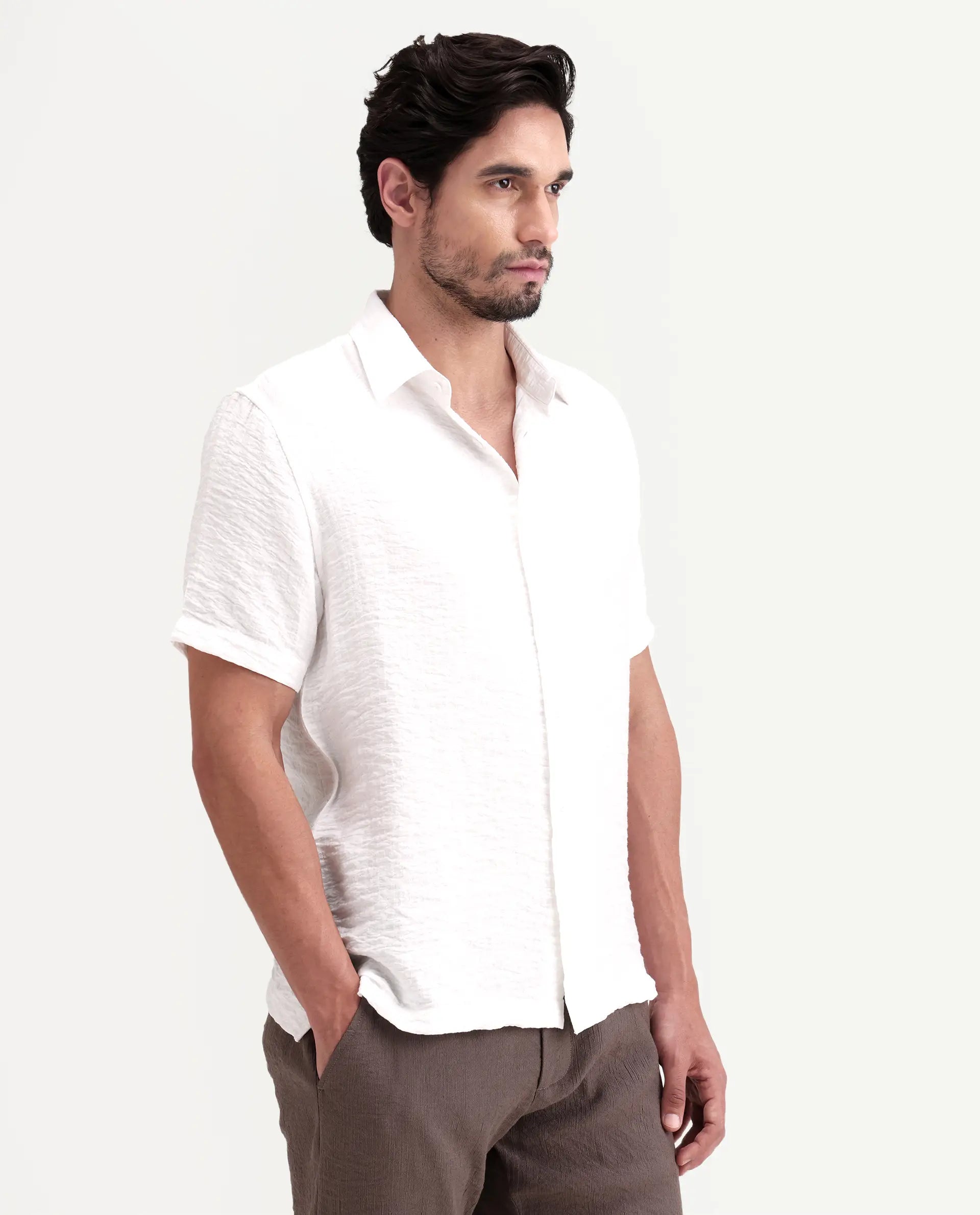 Rare Rabbit Men's Veon-Ss Off White Viscose Blend Fabric Half Sleeve Spread Collar Regular Fit Plain Shirt