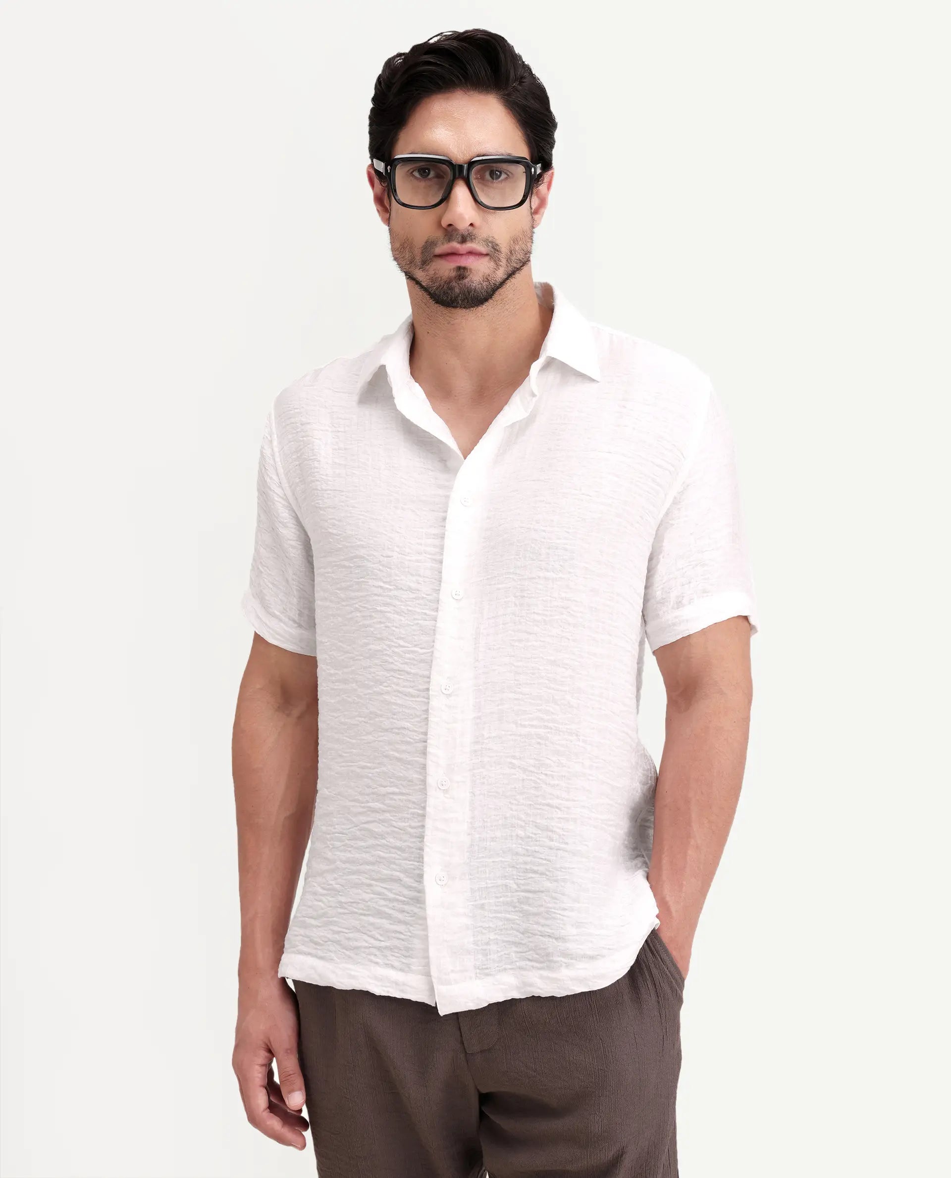 Rare Rabbit Men's Veon-Ss Off White Viscose Blend Fabric Half Sleeve Spread Collar Regular Fit Plain Shirt